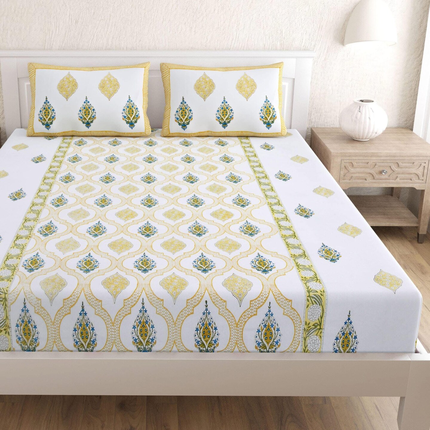Premium 150 Thread Count 3pcs Indian Cotton Fitted Sheet Set – Ethnic Design, Soft & Breathable Bedding for King & Queen! Perfect for Home Décor & Comfort!
