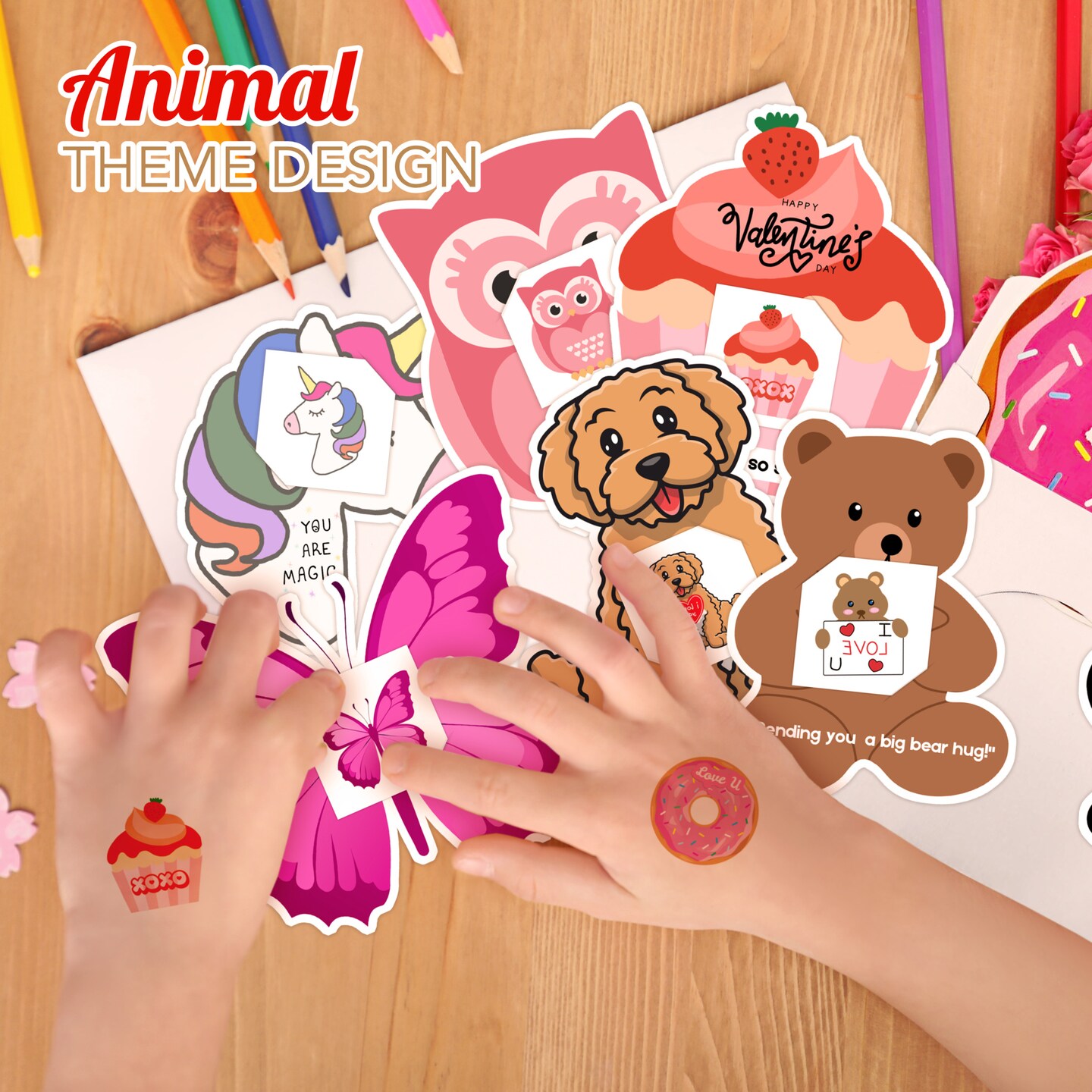 4E's Novelty 48 Pack Valentines Day Cards for Kids School with Temporary Tattoos - 8 Fun Animal Designs, Valentine Cards for Kids Classroom Exchange, Temporary Tattoo Valentines Party Favors