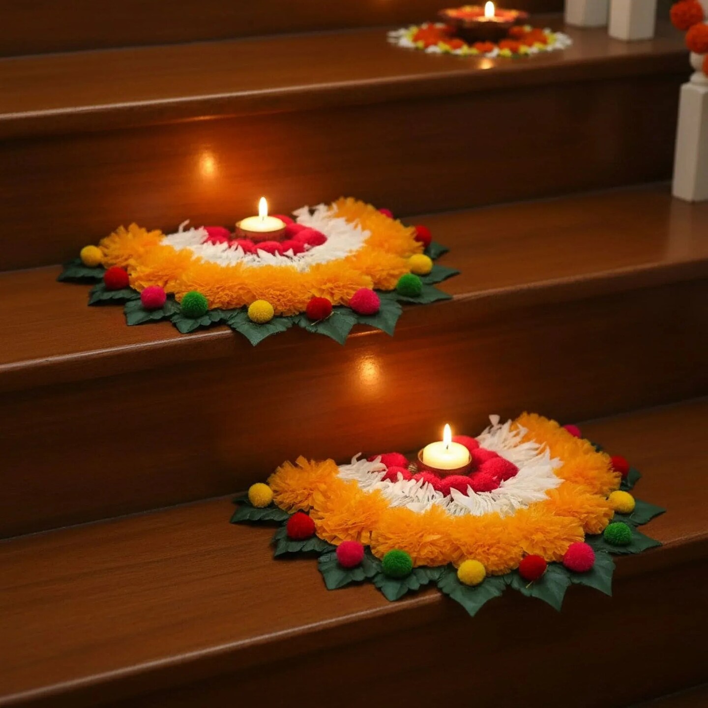 2 Ct Rangoli Mat Diwali Decor Semi Circle Tea Light Holders Artificial Leaf Marigold Flowers Decorative Home Pooja Temple Decor Housewarming Return Gift Day of the Dead Dia De Los Muertos