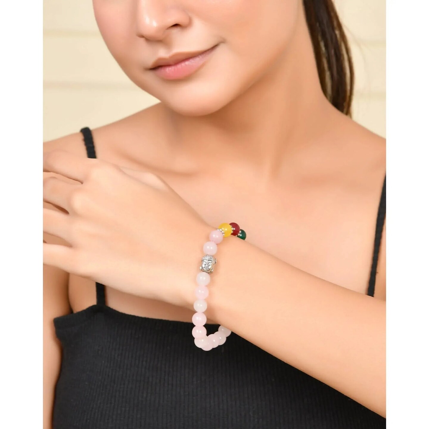 LOVENSPIRE 7 Chakra Rose Quartz Crystal Bracelet with Buddha Head Reiki Healing Gemstone Beaded Stretch Prayer Bracelet for Yoga Meditation Valentine's Day Jewelry Gift for Women Men