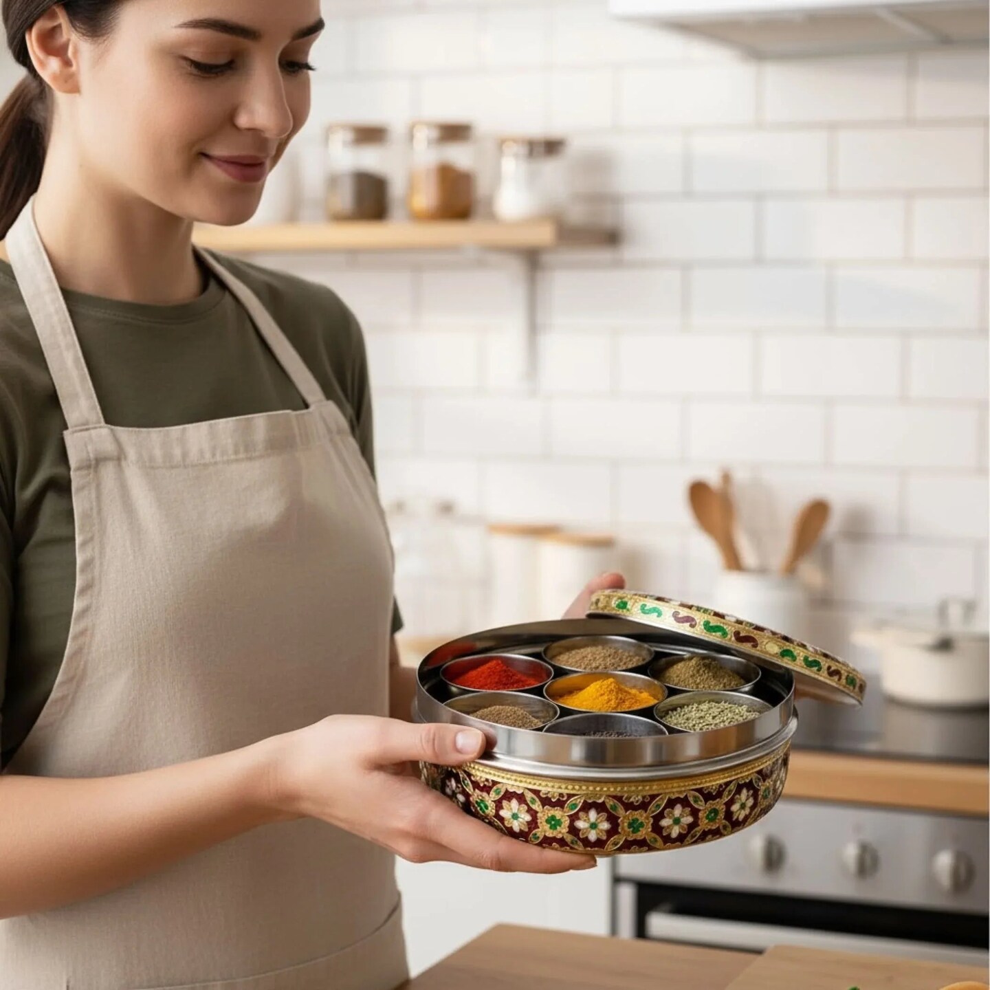 Meenakari Steel Indian Spices Box Designer Small Round Masala Box Spice Organizer Masala Dabba Kitchen Essentials Home Decor Housewarming Gift