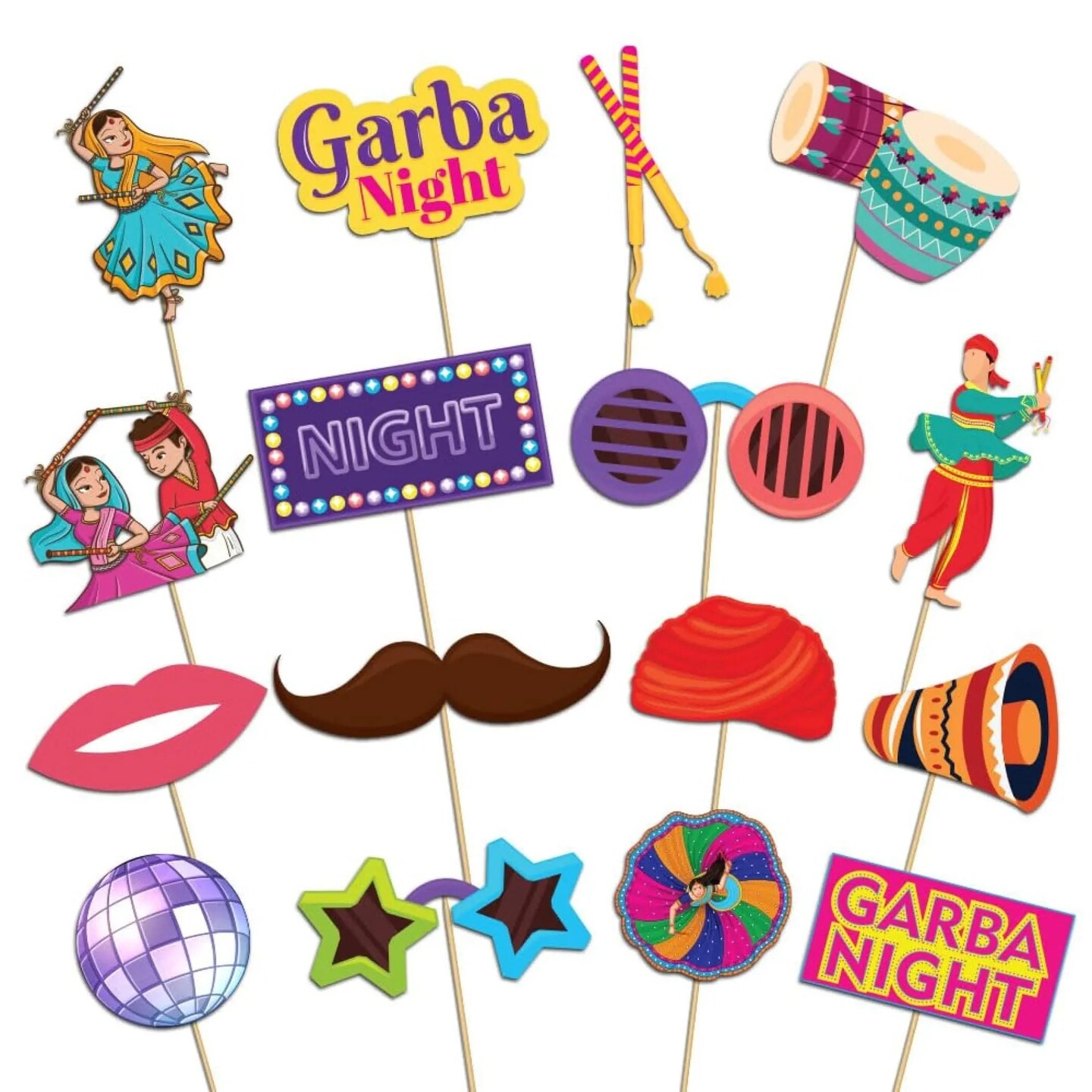 16 Pcs Navratri Garba Night Photo Booth Props Kit Garba Decoration Item Happy Navaratri Hindu Festival Party Favors Decorations Kit for Photoshoot Home Indoor Outdoor Decor