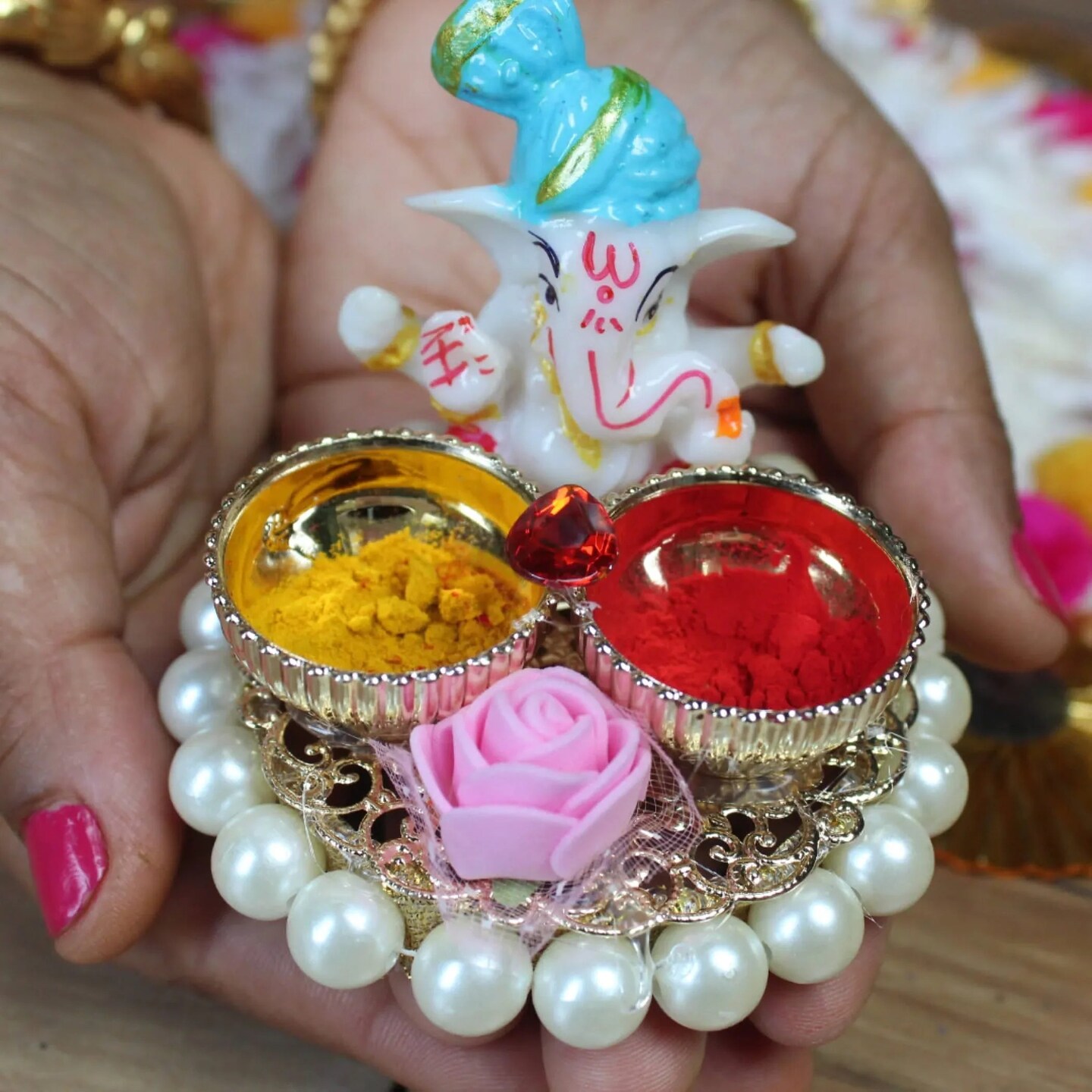 Pack of 4 Bulk Decorative Plate Indian Pooja Thali with Ganesh Murti Artificial Flower and Bowls Haldi Kumkum Platter Teej Diwali Pooja Return Gift Housewarming Gift