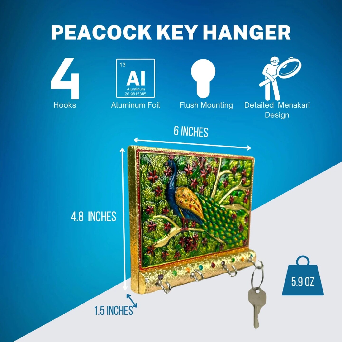 Peacock Design Frame Wall Key Holder for Wall Decorative, Hand Crafted Wall Hooks for Hanging Stylish Key Stand Home Office Decor Housewarming Gift Key Organizer with 4 Hooks (pack of 1)