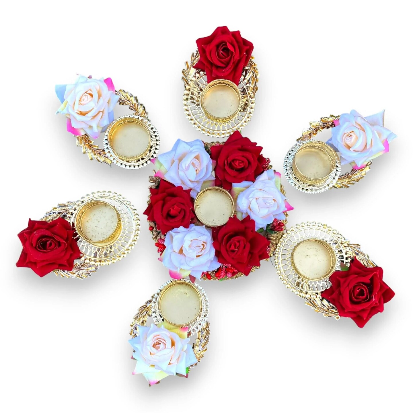 Rose Tea Light Candle Holder Diwali Decoration Rangoli Candle Holder Onam Pongal Rangoli Floor Decor Centerpiece Tealight Festive Decor Indian Return Housewarming Deepavali Gifts (set of 7)