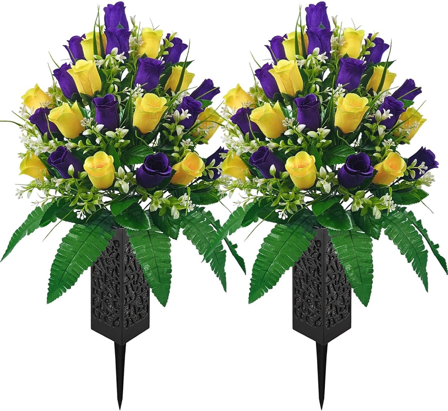 2 Pack Yellow and Purple Artificial Cemetery Flowers with Vases - 24-Stem Large Rose Memorial Bouquets for Graves - Fade-Proof and Wind-Resistant Outdoor Headstone Decorations - All-Weather Tribute