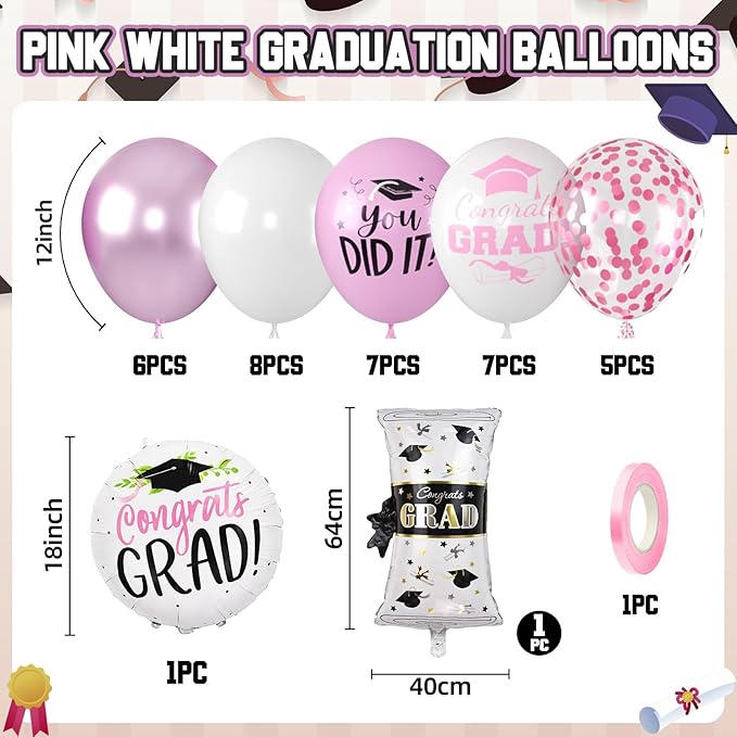Pink Graduation Balloons, Grad Round Foil Balloons, Metallic Confetti Pink White Balloon for Congrats Graduation Party Decorations Backdrop