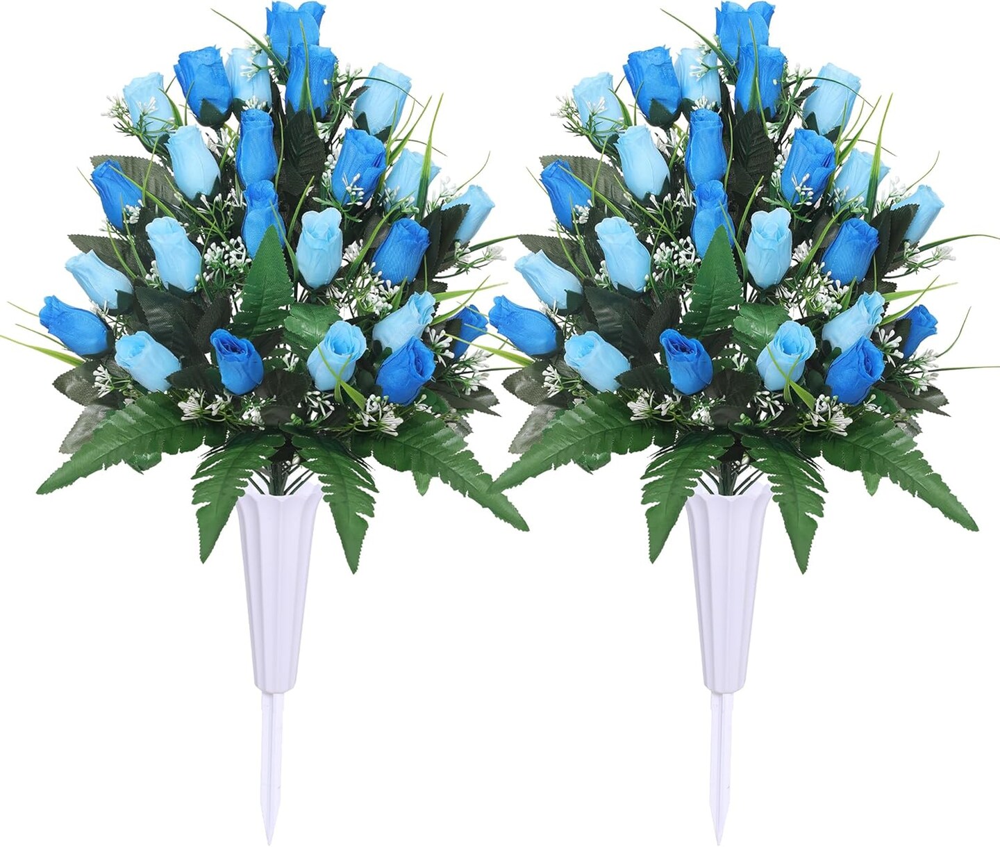 Blue Artificial Cemetery Flowers for Graveside - Set of 2 Large Rose Memorial Bouquets with Vases and Ground Spikes - 18.9" Silk Grave Decorations - Weather Resistant & Fade-Proof - Mother's Day
