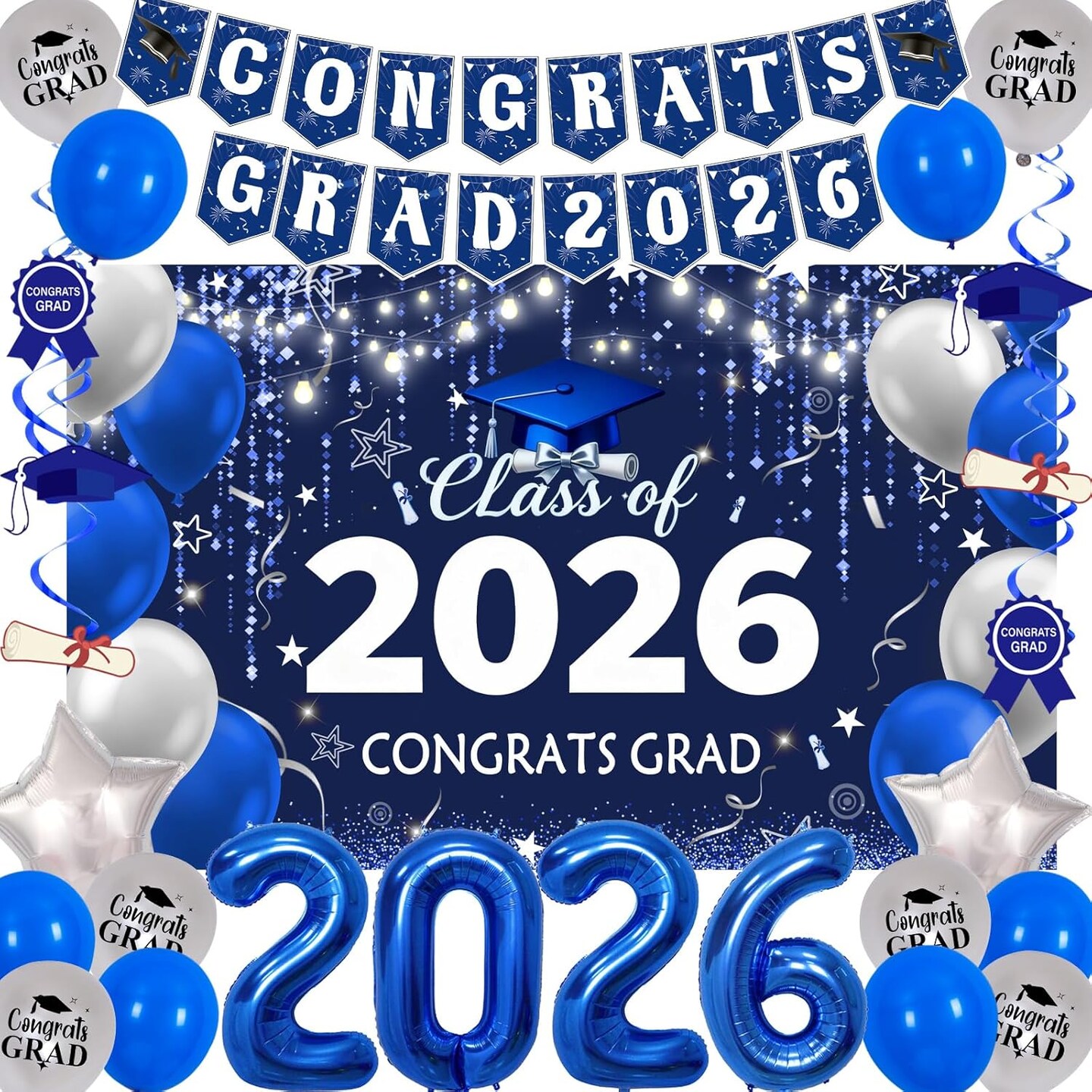 Class of 2026 Graduation Party Decorations – Navy Blue & Silver Balloon Kit, Banner, Streamers & Backdrop for High School, College & Grad Celebration
