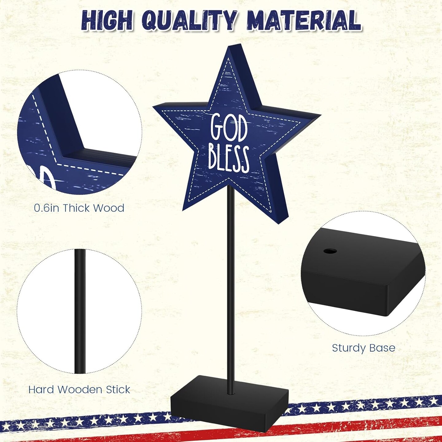 3 PCS 4th of July Wood Star Table Sign, Wooden Patriotic Table Centerpieces, Rustic Memorial Day Tabletop Decorations, Wood Standing Star, Red White and Blue Decorations for Home Office (Text)