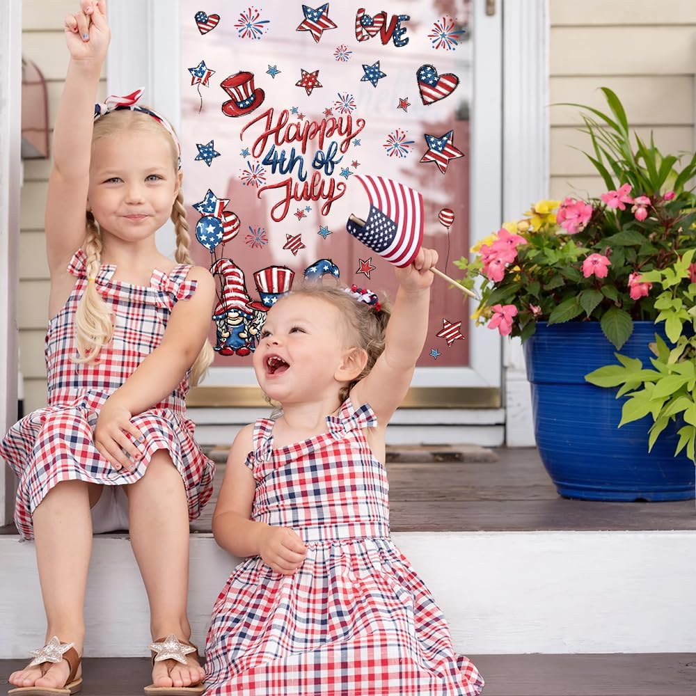 6 Sheets Patriotic Window Clings Happy 4th of July Window Stickers Gnome Truck Stars Firework USA Window Decals Independence Day Window Decor for Home School Office Party Glass Supplies