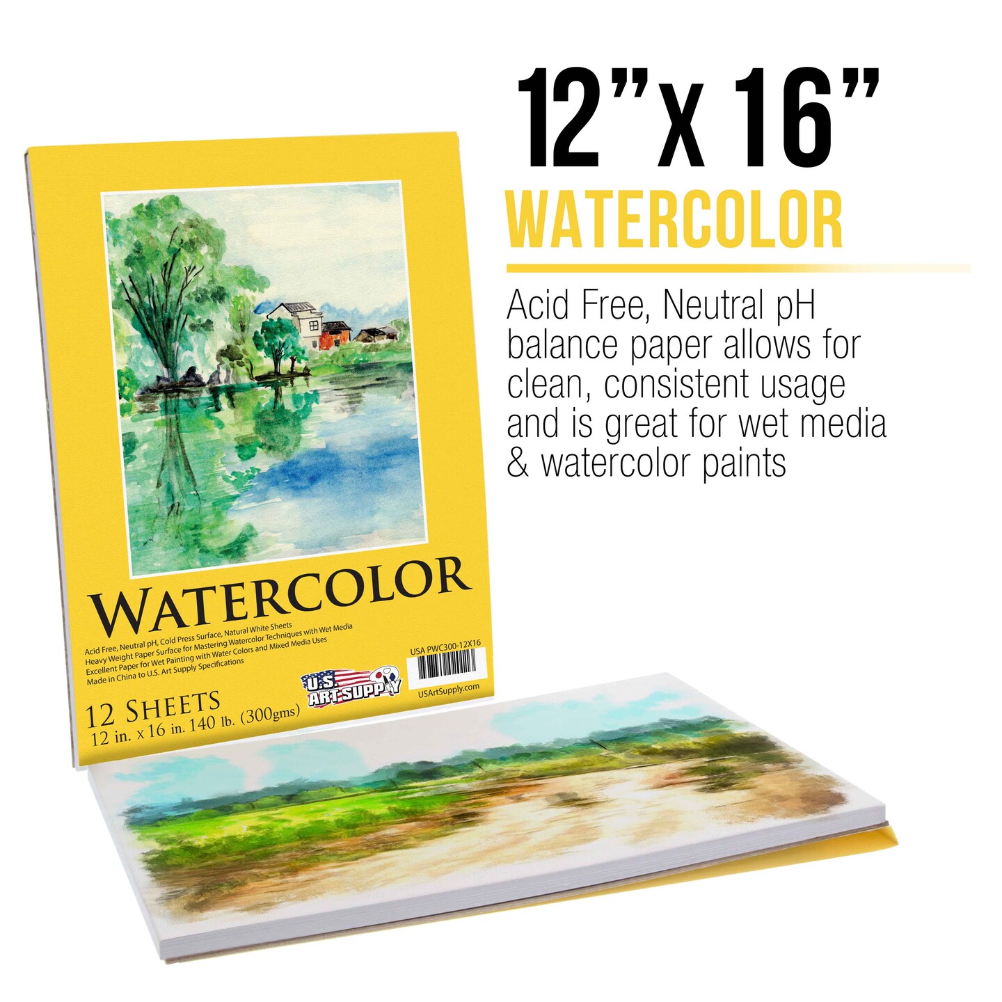 12&#x22; x 16&#x22; Premium Heavyweight Watercolor Paper Pad, Pack of 2 (12 Sheets Each), 140lb (300gsm) - Spiral Bound, Cold Pressed, Acid-Free, Wet, Water Color Paper - For Artists, Students