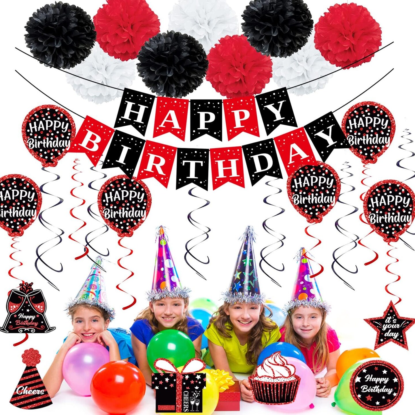 Birthday Decorations Red Black, Happy Birthday Party Decorations for Men Women Boys Girls (48pack), Happy Birthday Banner Gifts, Double-Sided Pattern Card, 9 Pompoms, Hanging Swirl Bday Decor Supplies