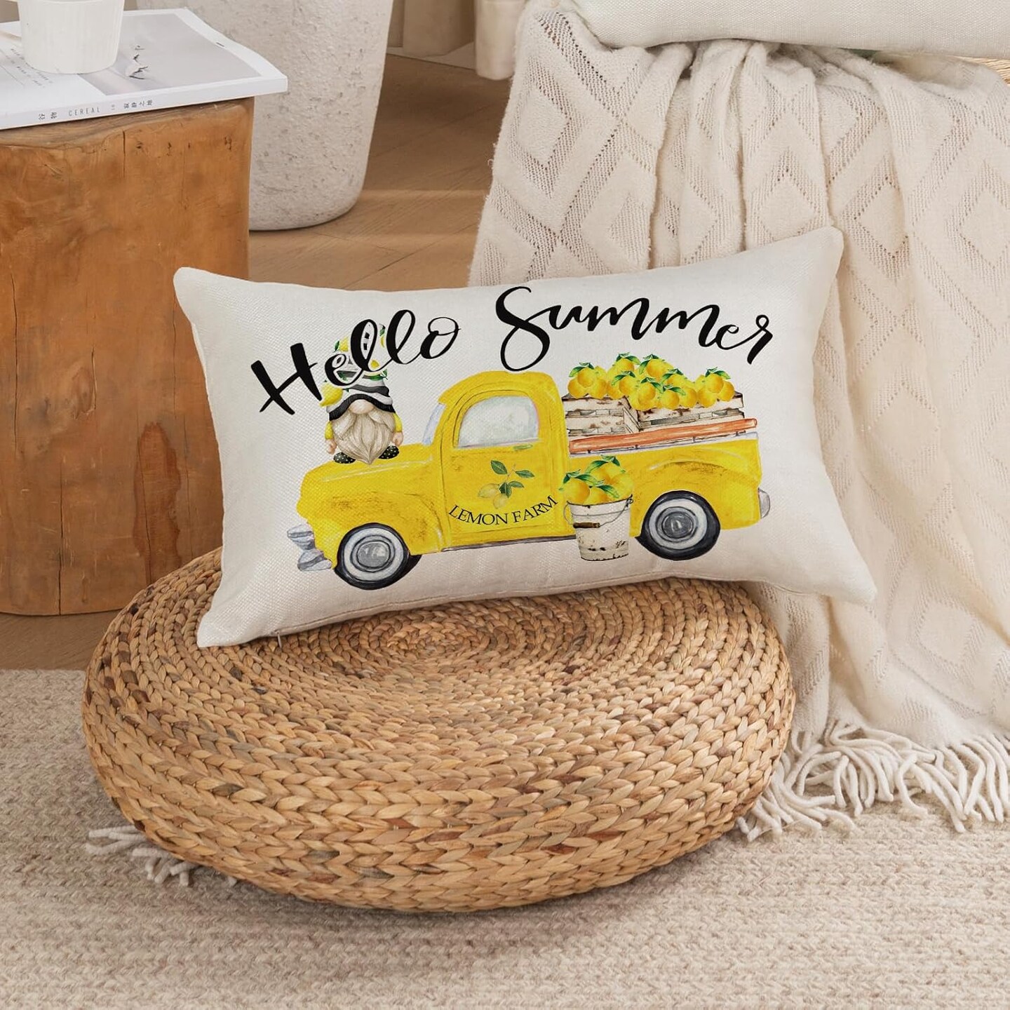 Hello Summer Throw Pillow Cover 12x20 Inch Yellow Truck Lemon Gnome Decorative Pillowcase Farmhouse Seasonal Lumbar Cushion Case for Sofa Couch Porch Home Decor