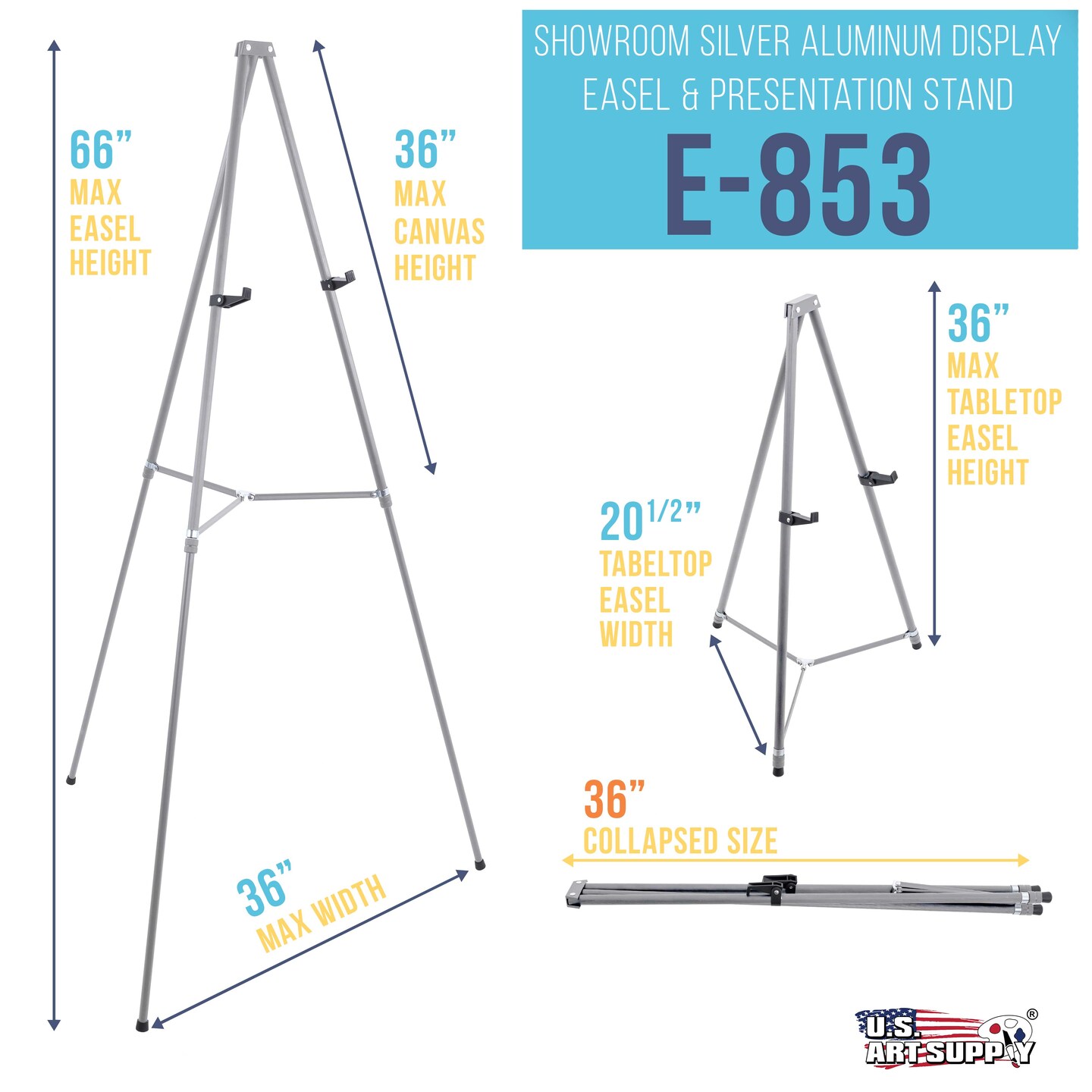 66&#x22; High Gallery Silver Metal Display Easel - Large Adjustable Height Portable Easel Stand, Sign Display, Holds 25 lbs - Floor &#x26; Tabletop Easels, Painting Stand