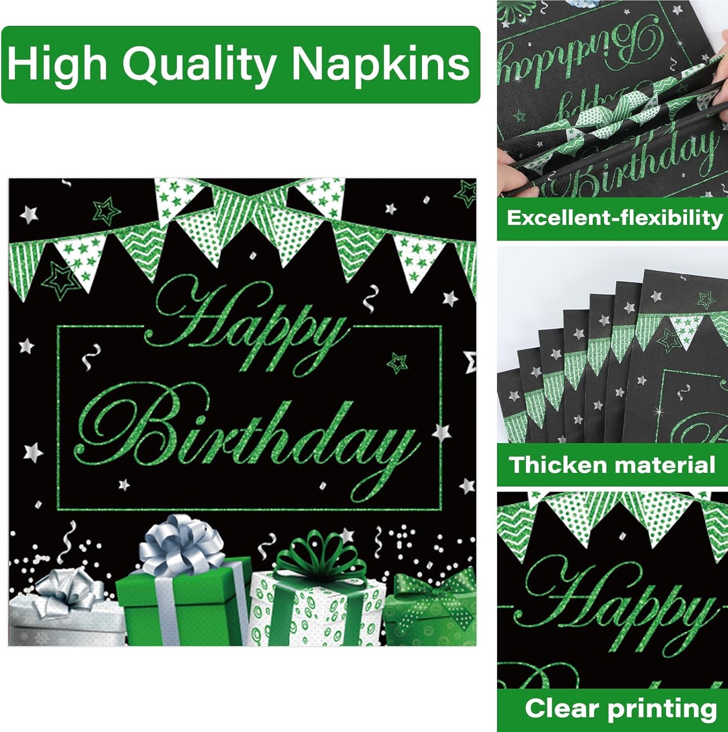 200PCS Green and Black Silver Party Tableware Set Confetti Sprinkles Green Birthday Plates Napkins Forks Table Decors for Men Women, 50 Guests