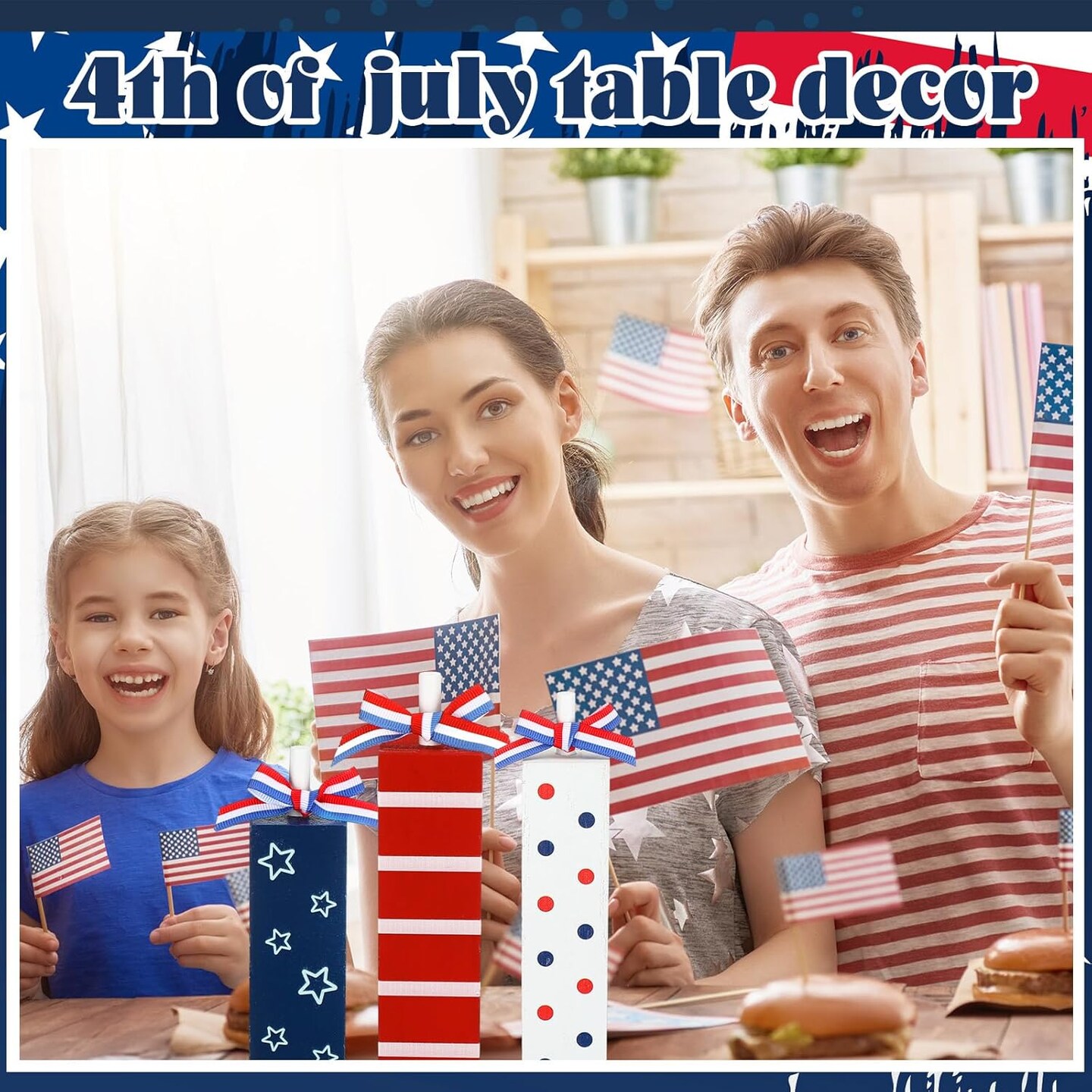 3 Pcs Patriotic Wooden Block Sign Memorial Day Decorations 4th of July Table Decor Red White Blue Tabletop Centerpieces Independence Day Tiered Tray Decor for Home Shelf(Rustic Style)