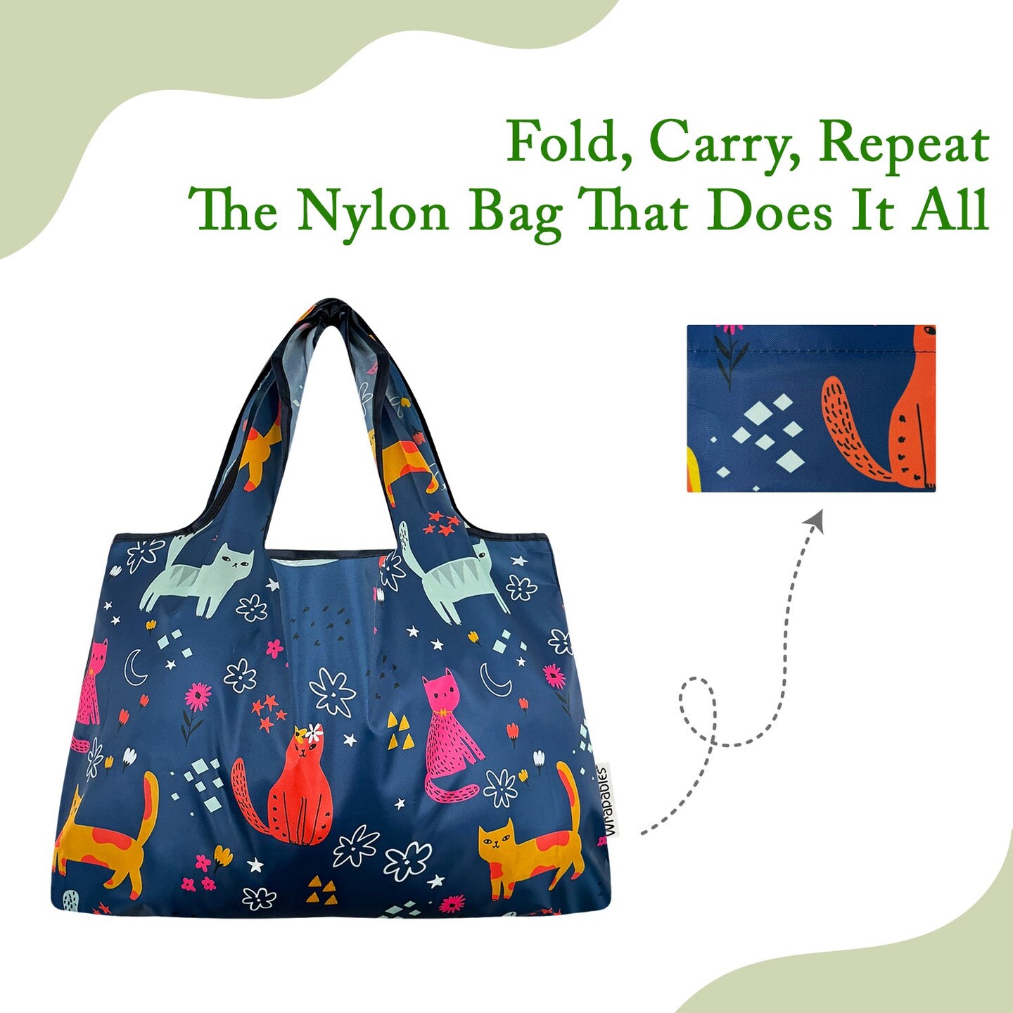 Wrapables Large & Small Foldable Tote Nylon Reusable Grocery Bags, Set of 2, Cute Kitties on Blue