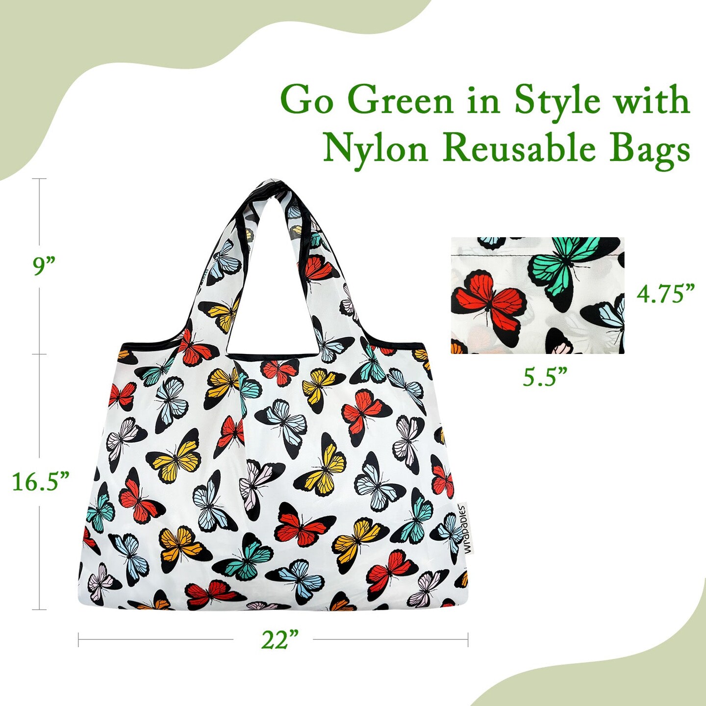 Wrapables Large Foldable Tote Nylon Reusable Grocery Bags, Rainbow Butterflies