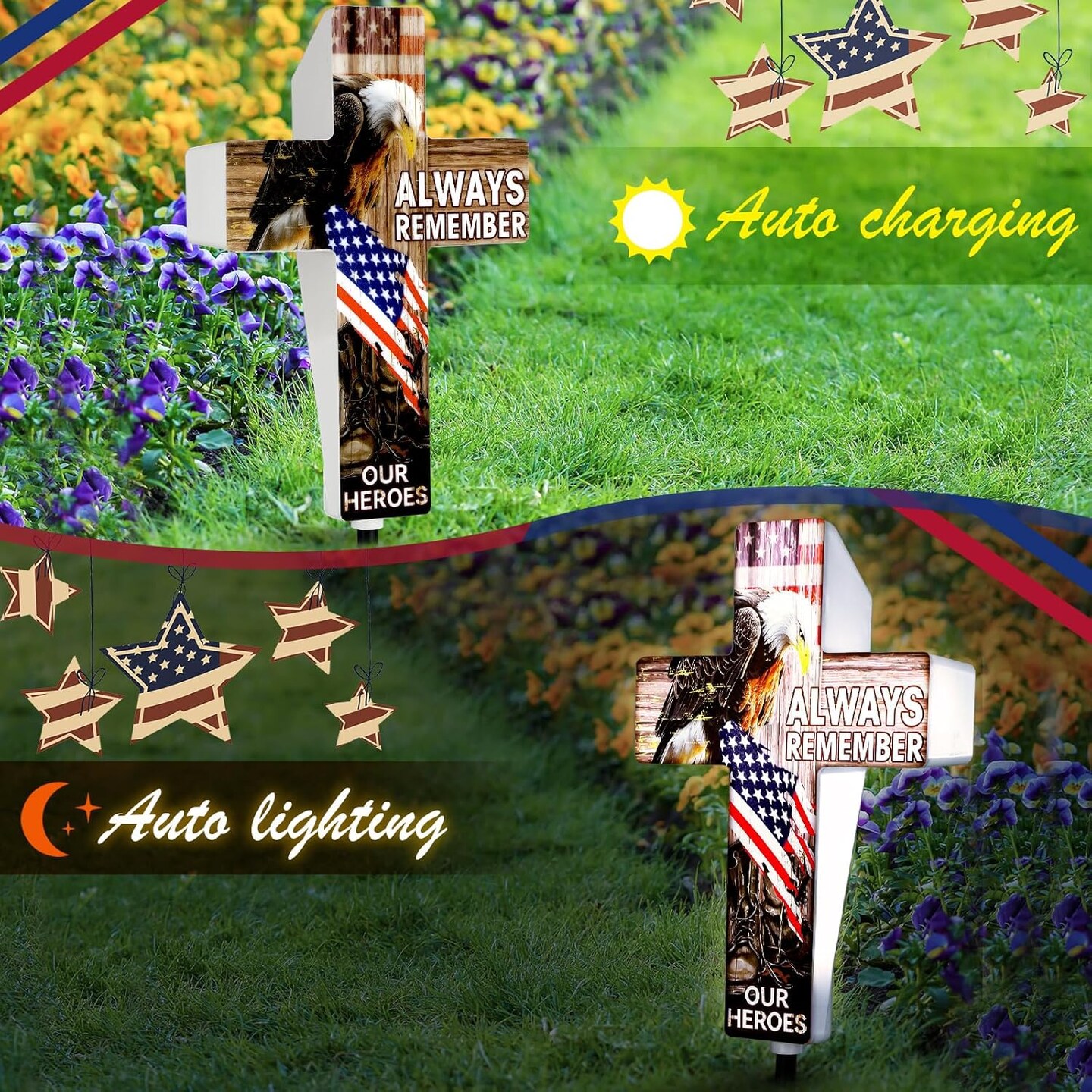 Memorial Day Patriotic Garden Stake Solar Lighted 4th of July Independence Veterans Day Solar Outdoor Yard Decorations