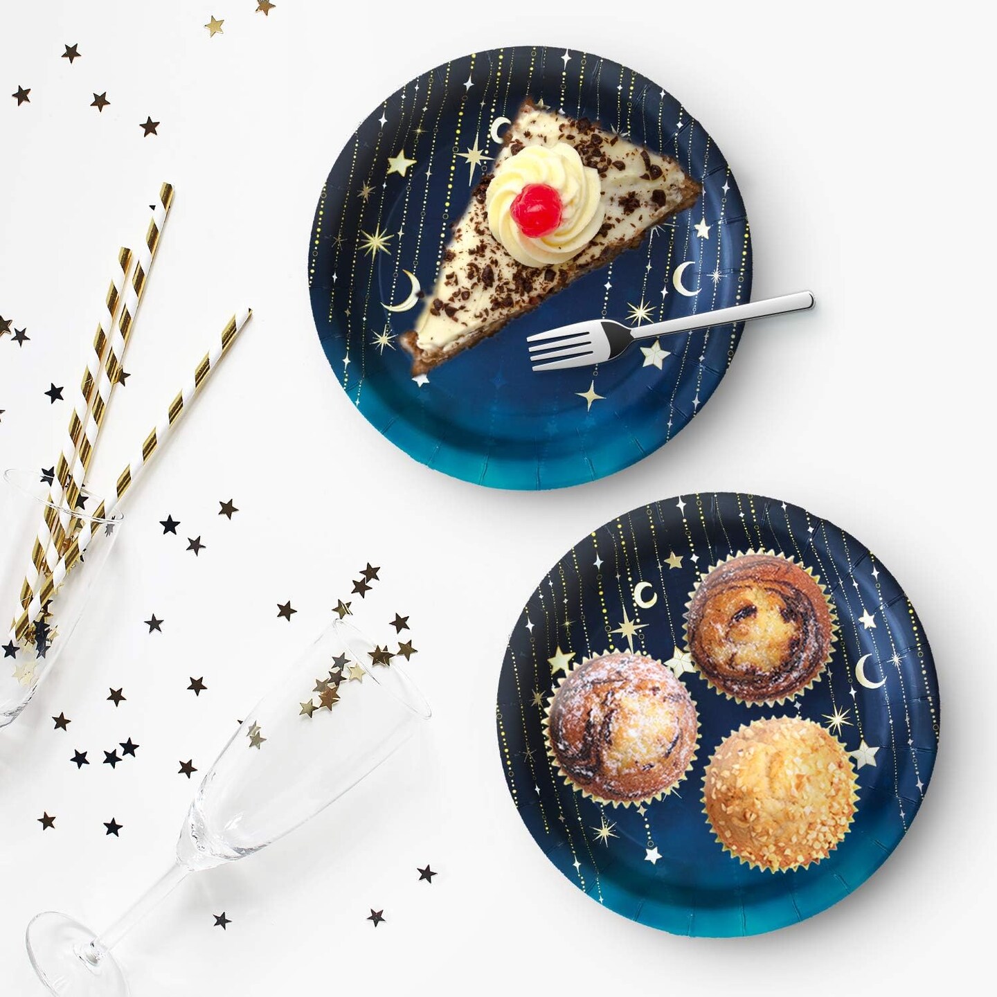 Starry Night Large Round Paper Plates, Party Tableware Supplies