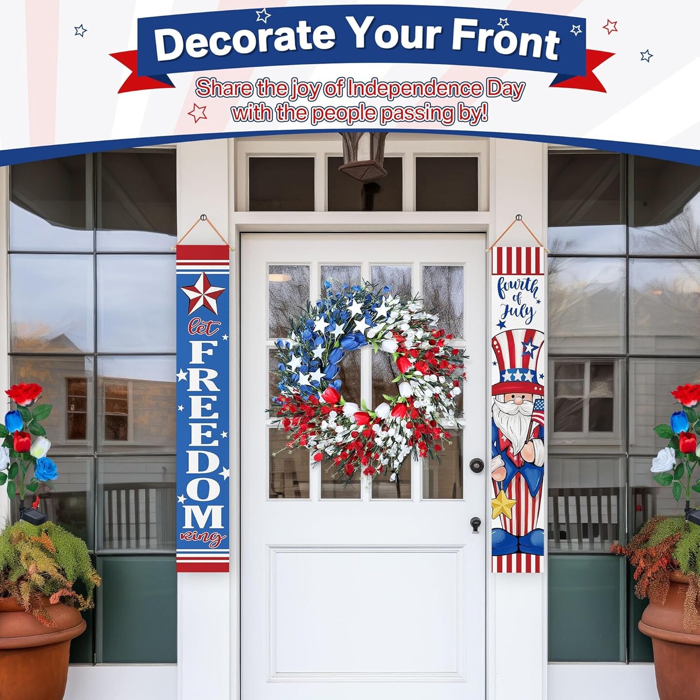 Patriotic 4th July Front Door Wreath, Ideal Red, White and Blue Foam Flower Wreath for Independence Day, Memorial Day and Flag Day, American Wreath with Tulip and Star