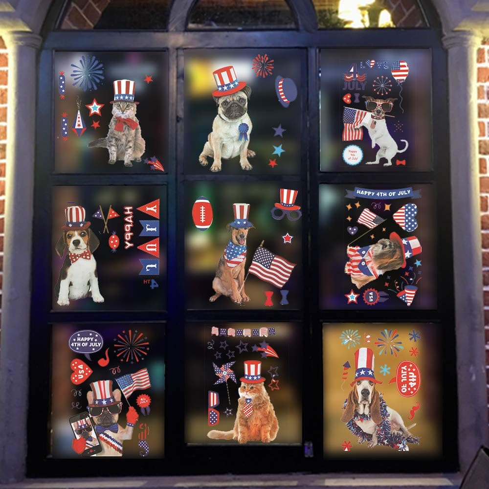 Patriotic PVC Dogs Window Clings, 9 Sheets Reusable 4th of July Decorations for Indoor Use, Wall Decor, Party Supplies