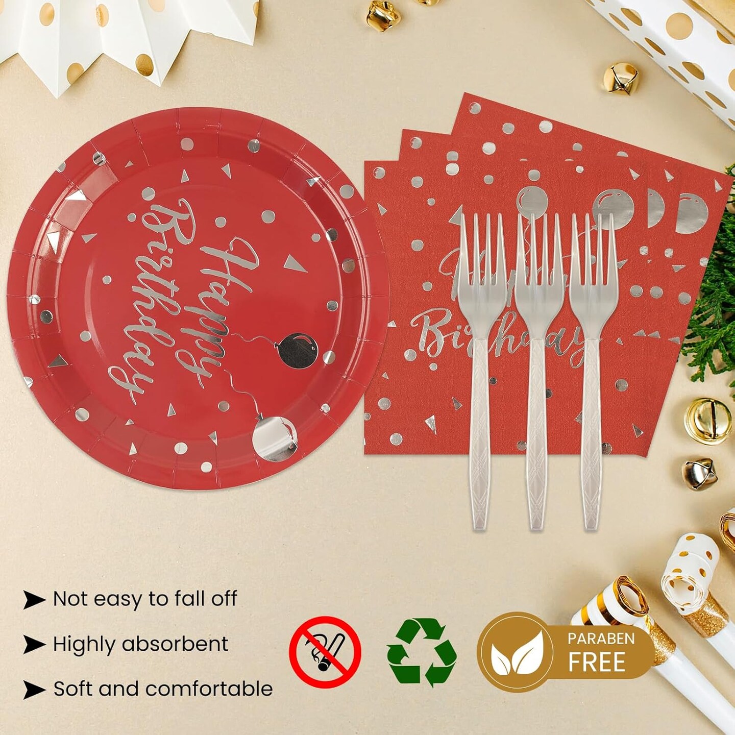 75PCS Happy Birthday Paper Plates Set, Disposable Party Dessert Plates Dinnerware Napkins Plastic Forks Tableware Guests for 2025 New Year Birthday Party Decoration, Serve 25 (Red, 7IN)