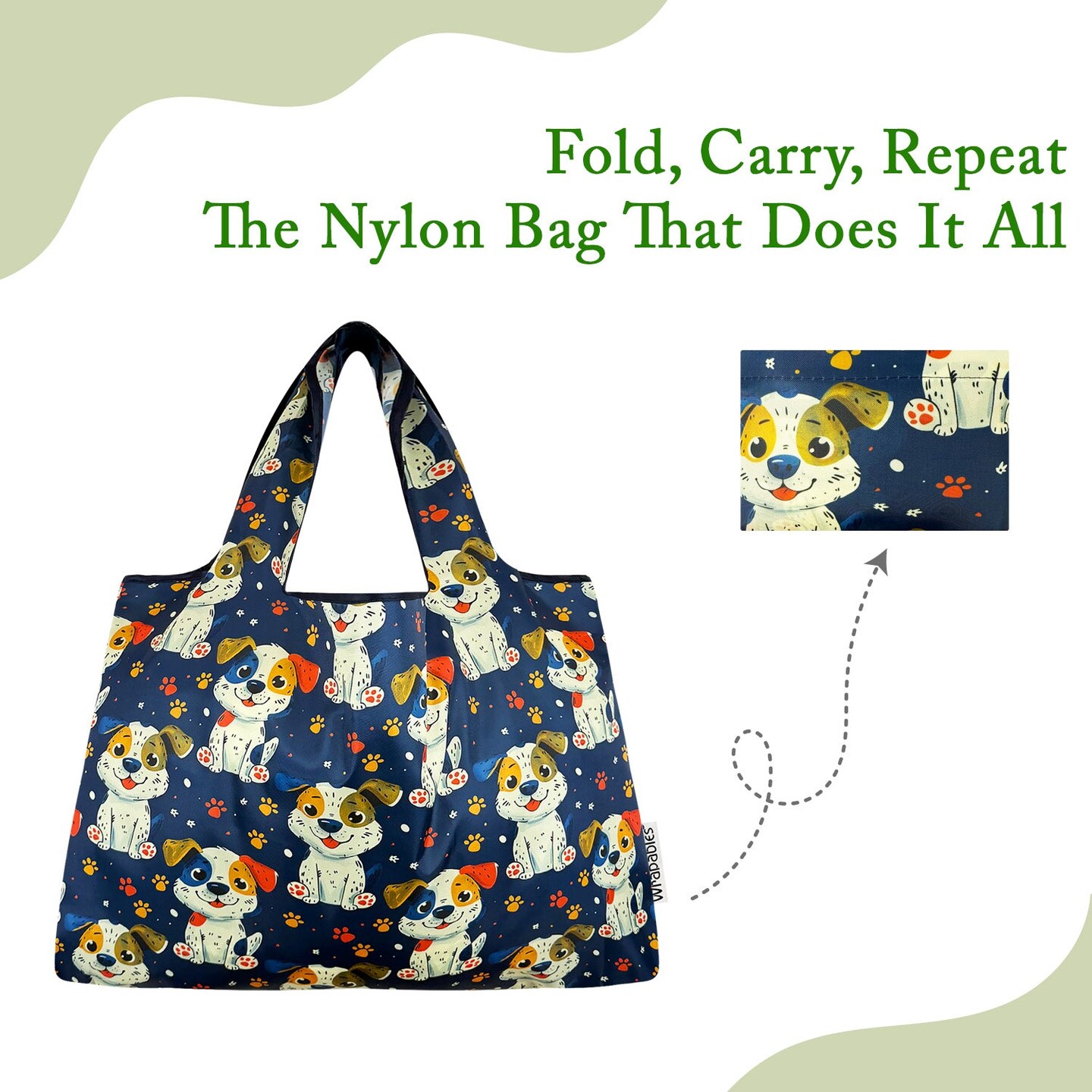 Wrapables Large Foldable Tote Nylon Reusable Grocery Bags, Puppies and Paws