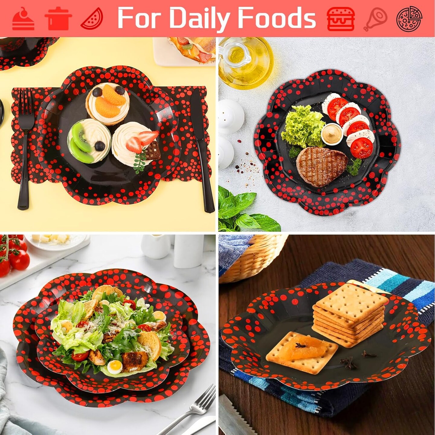 175PCS Red and Black Birthday Decorations,Red Dot on Black Party Plates and Napkins,Black Paper Plates for Birthday Baby Shower Wedding Anniversary Party Decorations,Serves 25