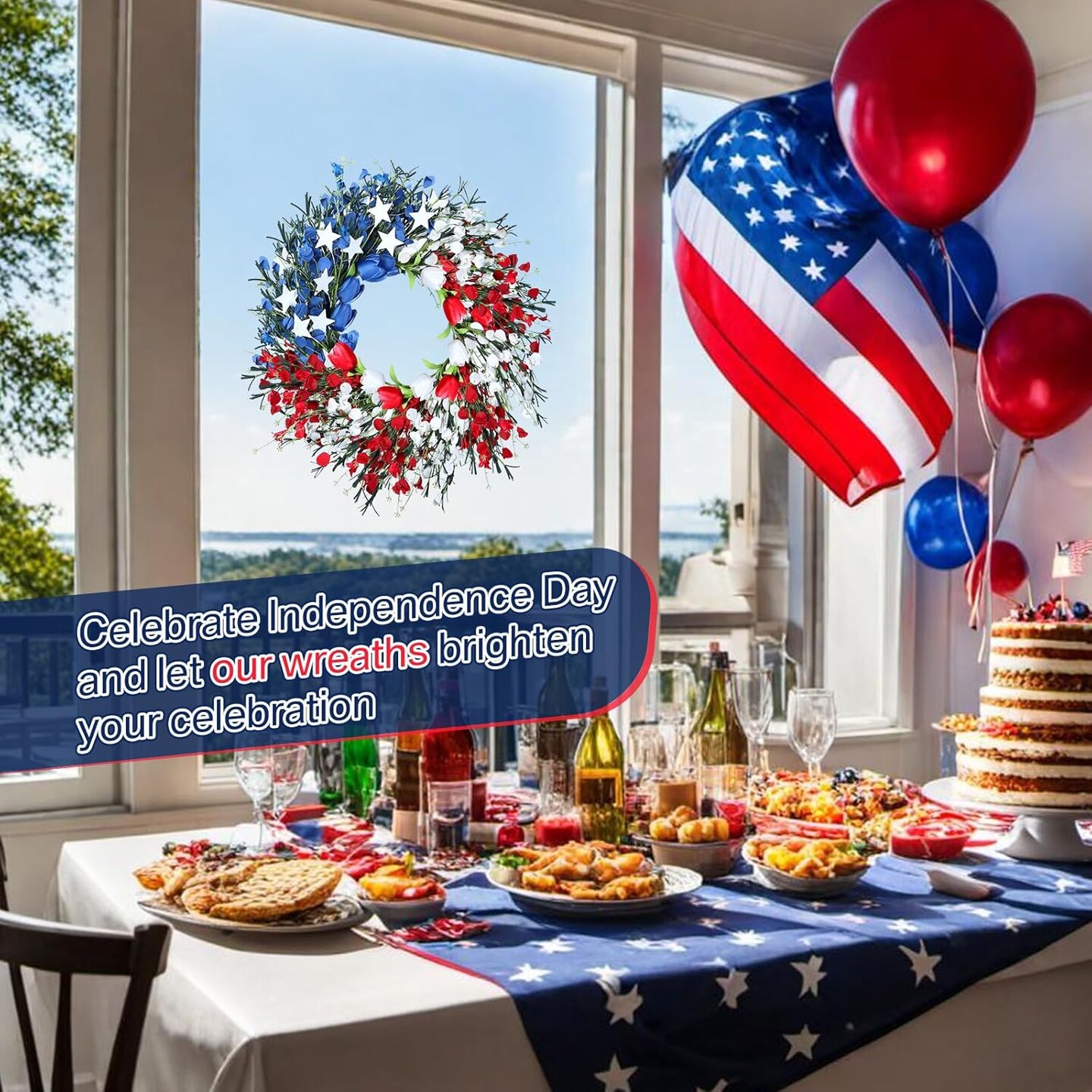 Patriotic 4th July Front Door Wreath, Ideal Red, White and Blue Foam Flower Wreath for Independence Day, Memorial Day and Flag Day, American Wreath with Tulip and Star