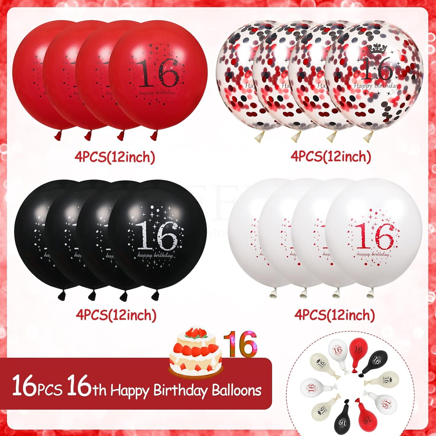 16th Birthday Balloons - 16Pcs Red &#x26; Black Latex Balloons for Girls &#x26; Boys - Happy 16th Birthday Party Decorations