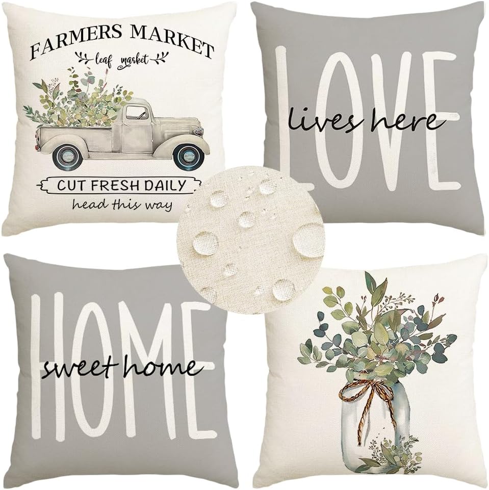 Farmhouse Pillow Covers 18x18 Inch,Outdoor Waterproof Home Sweet Home Truck Love Lives here Eucalyptus Leaves Cushion Case Decorations for Sofa Couch Set of 4 Gray