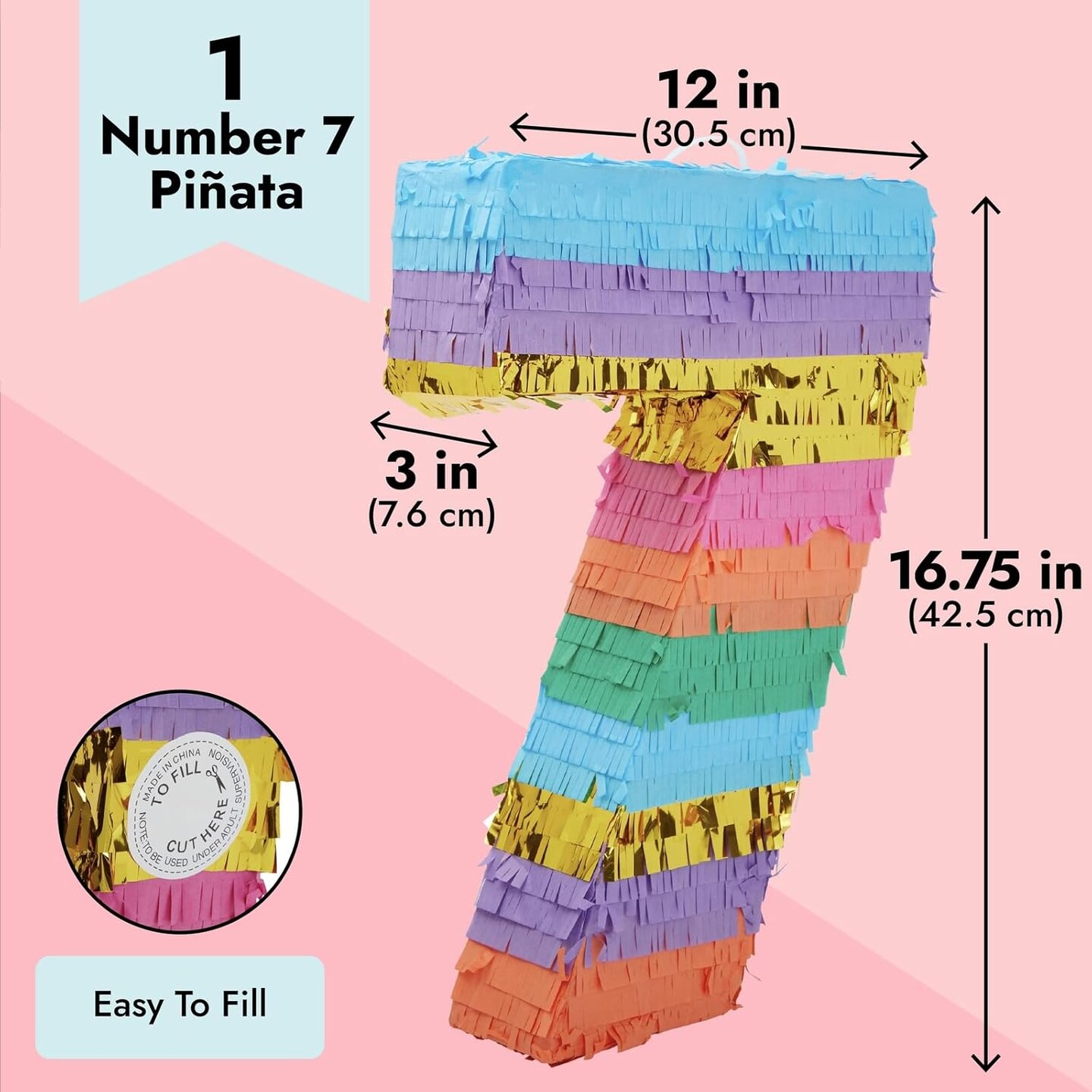 Rainbow Number 7 Pinata for 7th Birthday Party Decorations, Fiesta, Cinco de Mayo Celebration (Small, 12 x 16.75 x 3 Inches)