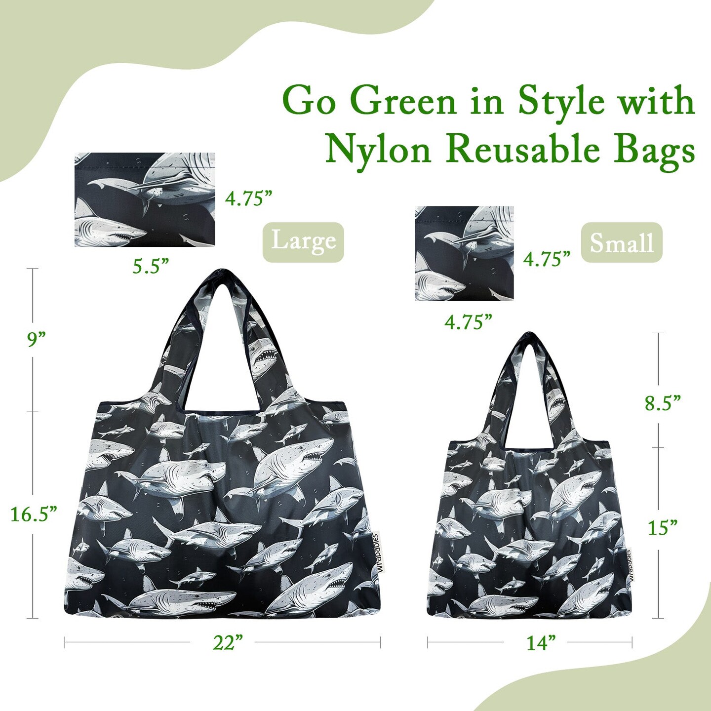 Wrapables Large & Small Foldable Tote Nylon Reusable Grocery Bags, Set of 2, Sharks in Black