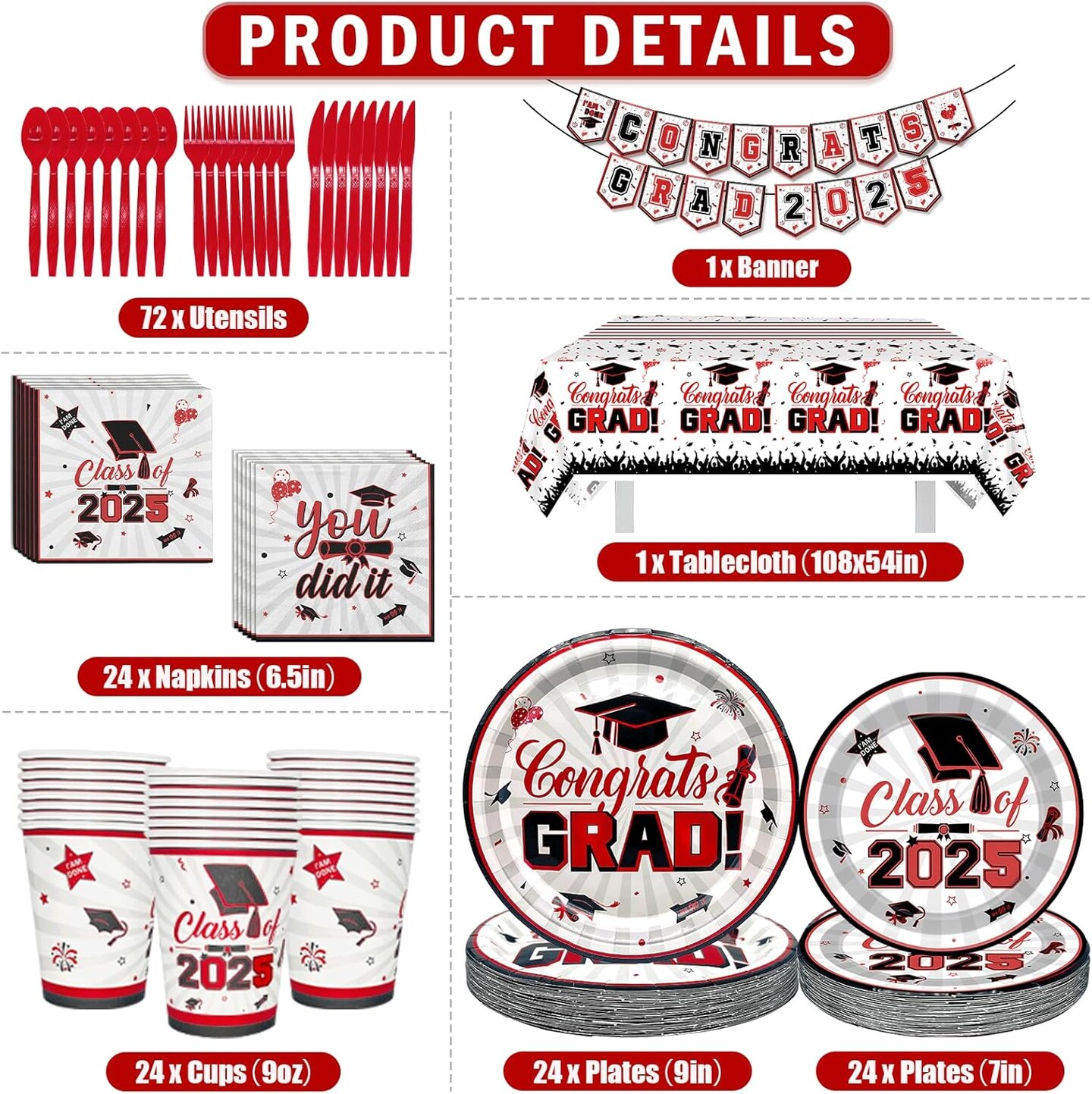Red and Black Graduation Decorations 2025 Graduation Plates and Napkins 2025 Congrats Grad Banner 2025 Party Supplies Grad Party Decorations 2025