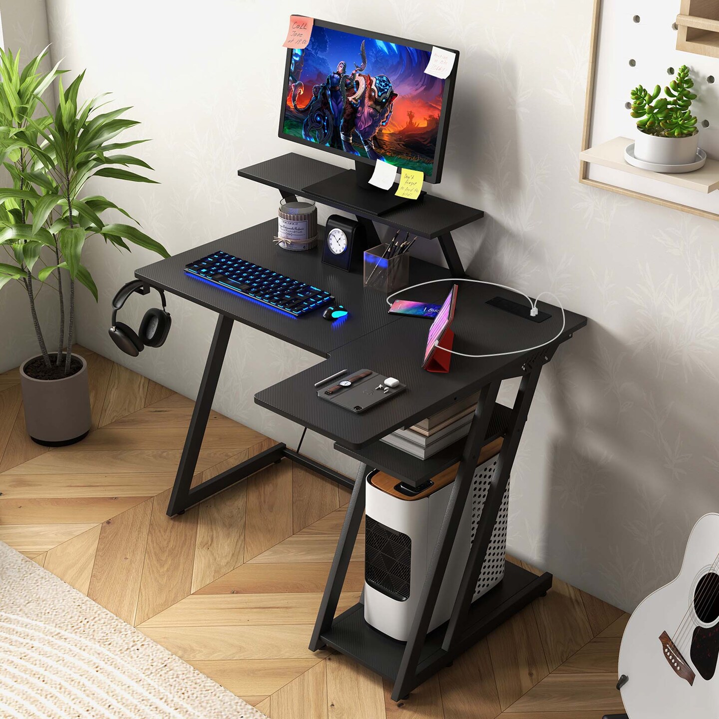 Costway L Shaped Gaming Desk with Outlets & USB Ports Monitor Shelf Headphone Hook Black/White/Pink