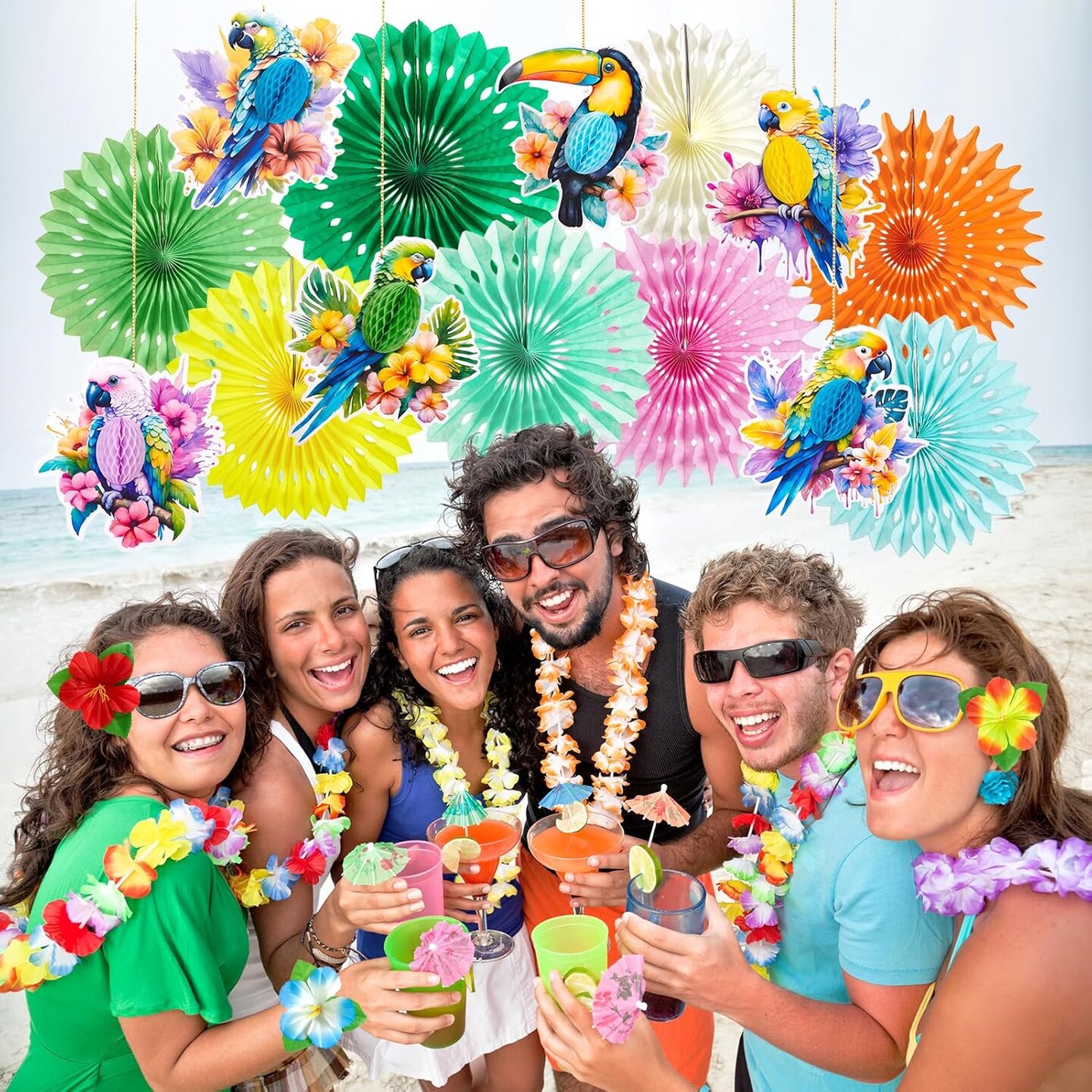 Tropical Party Decorations, Hawaiian Party Decor, with Paper Parrots Honeycombs and Hibiscus Flower Banner, Party Tissue Paper Pompoms for Summer Luau Tiki Jungle Themed Decorations