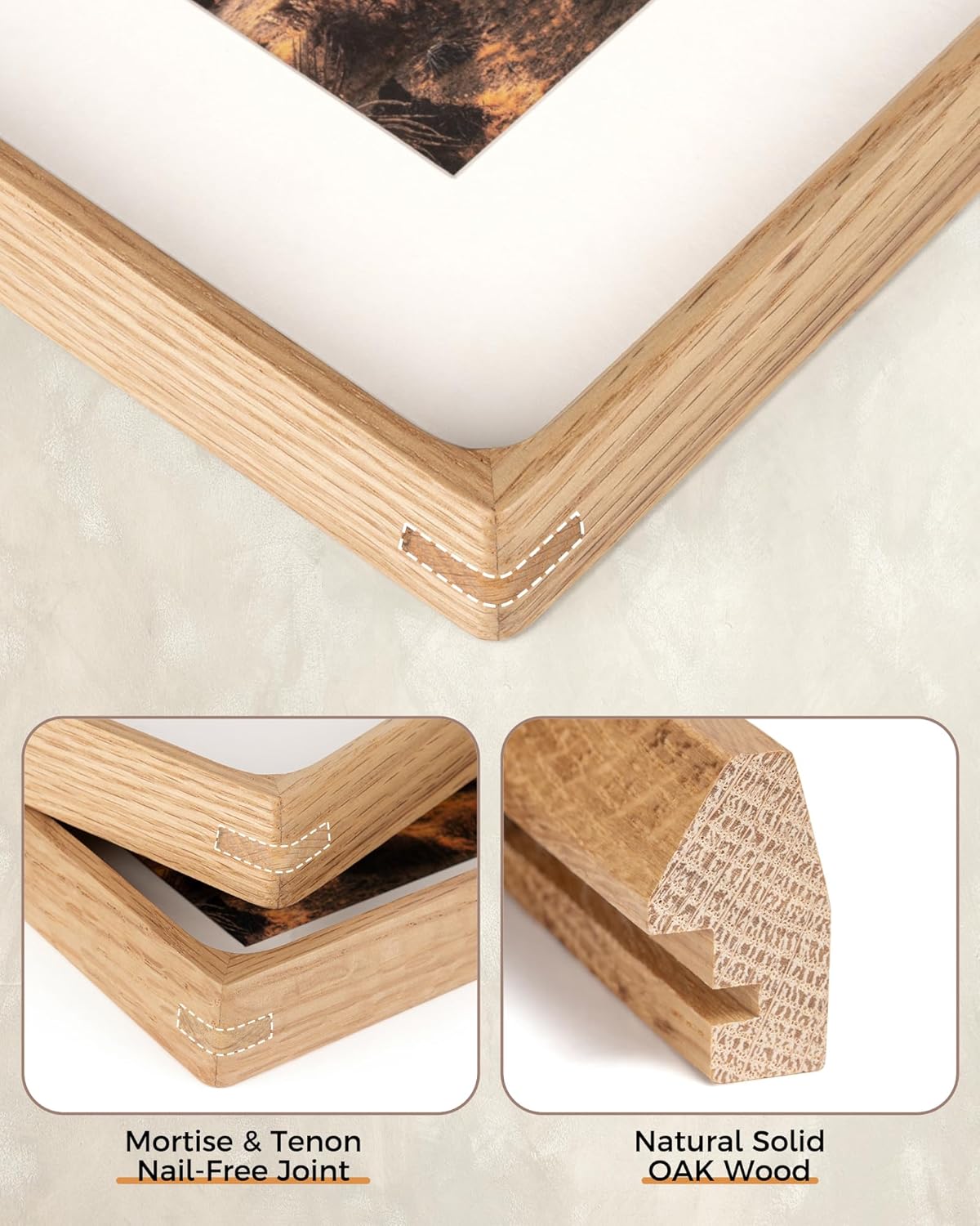 8.5x11 Picture Frame USA-Sourced Natural Oak Solid Wood Photo Frame Handcrafted Rounded Corner Wooden Frame with Real Glass Display Photos 6x8 with Mat or 8.5x11 Without Mat