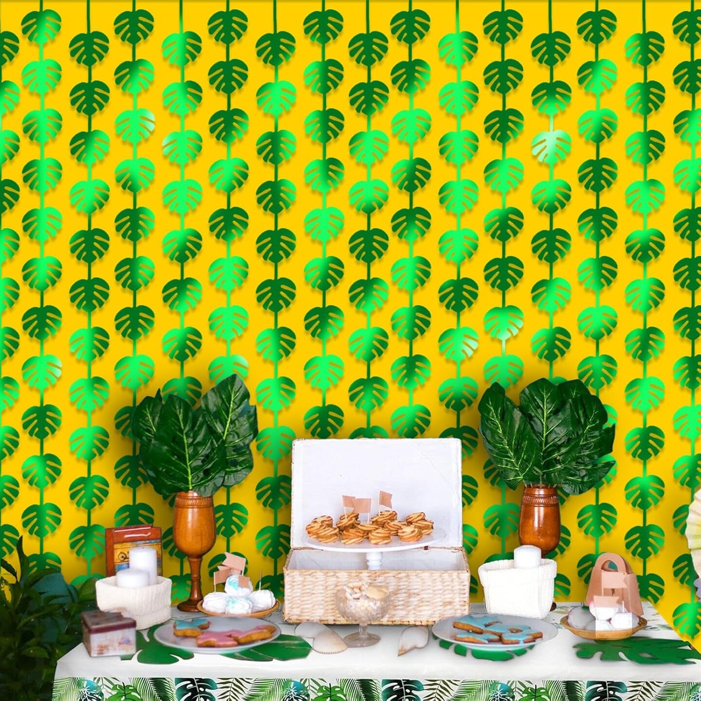 3Pcs Hawaiian Tropical Party Decorations Green Palm Leaves Garland 3.3X6.6Ft Foil Fringe Curtains Backdrops for Wild One Birthday, Safari, Luau, and Jungle Forest Dinosaur Parties