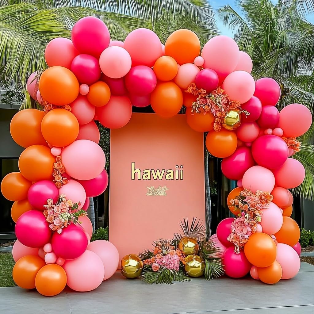 Pink Orange Gold Balloon Garland Double Stuffed Hot Pink Orange Gold Tropical Balloon Arch Kit Dark Magenta Latex Balloons for Birthday Baby Shower Wedding Summer Flamingo Hawaii Party Decorations