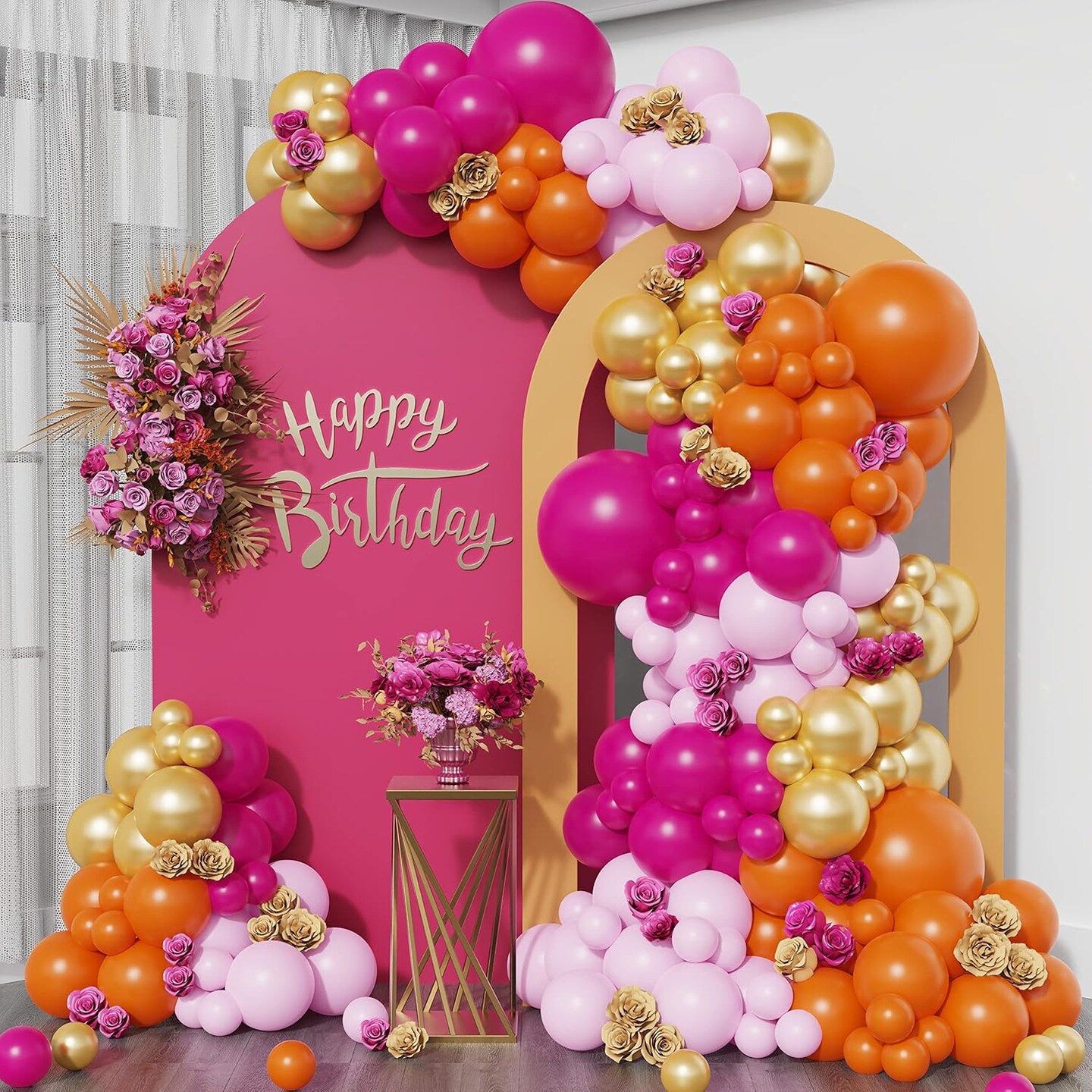 Pink and Orange Balloon Garland Arch Kit, 158pcs Pink Orange and Chrome Metallic Gold Balloons for Birthday Baby Shower Tropical Party Supplies Summer Party Decorations (Hot Pink)