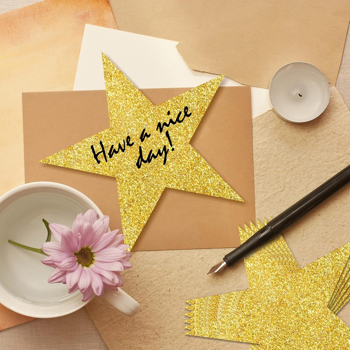 100 PCS Glitter Gold Five Star Cutouts Paper Stars Confetti Cutout Gold Star Cutouts for Bulletin Board Stars Accents Classroom Wall Party Decoration Supply