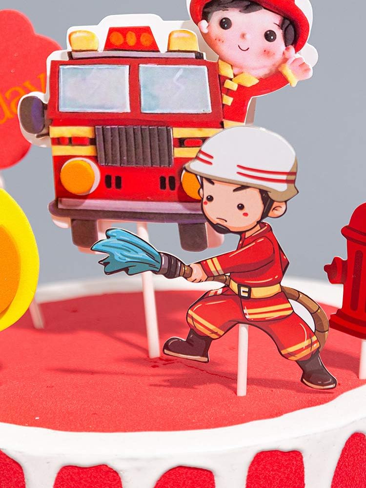 DIY fire engine cake toppers, firefighter Hero birthday cake decoration Supplies and Fire Flame Rescue Theme Cake Decorations for Firefighter Graduation Birthday(5pcs-pack)