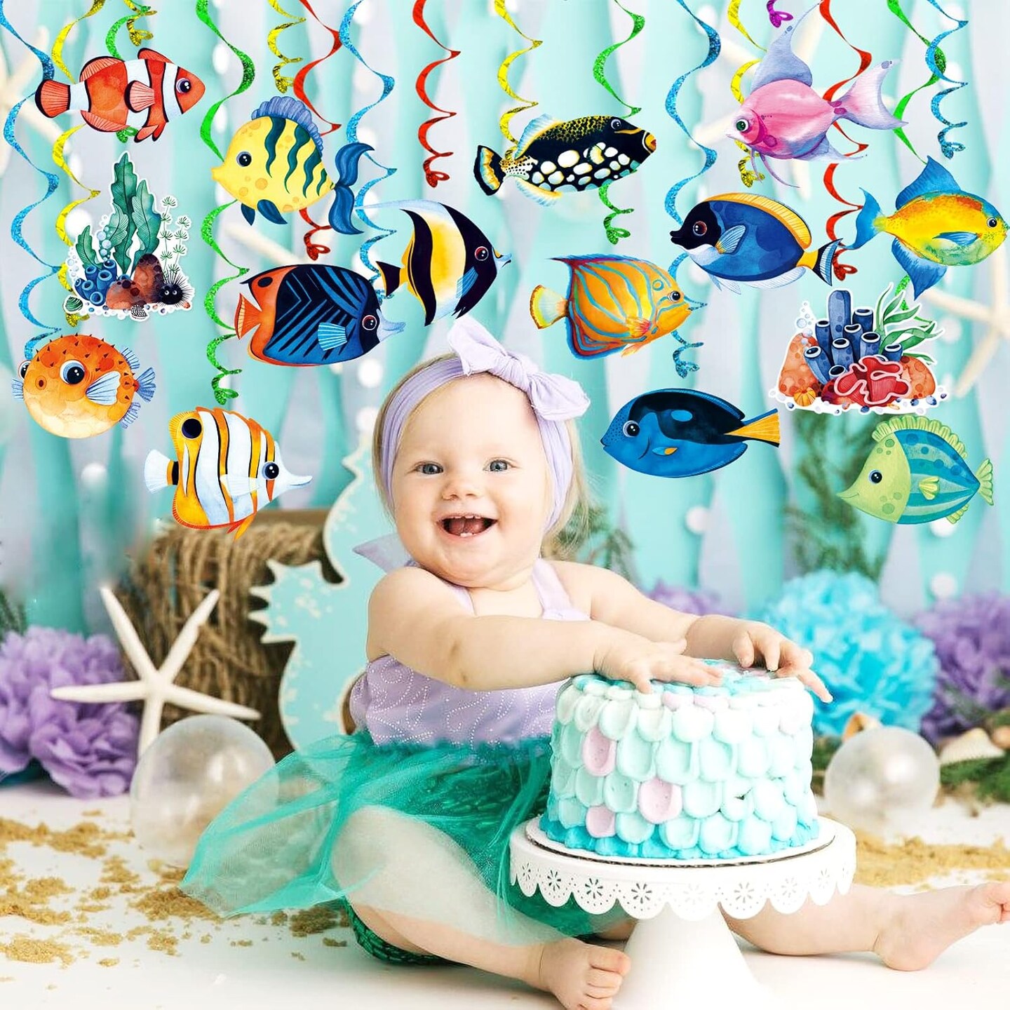 Tropical Fish Hanging Swirls Banner Decor 30 Pack Foil Ceiling Hanging Swirls Streams Banner Decorations Garland for Under The Sea Ocean Celebrating Events Birthday Party Supplies Room Wall Decor