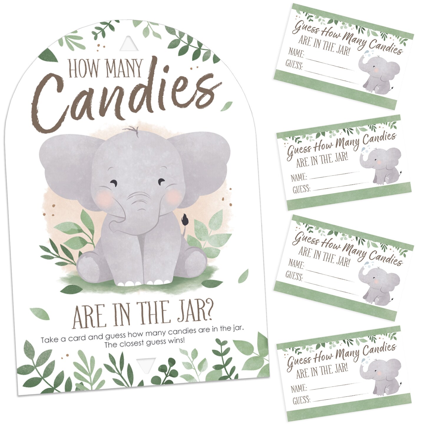 Big Dot of Happiness Elephant Candy Guessing Game, Elephant Baby Shower or Birthday Activity, How Many Candies in the Jar Game, 1 Stand & 40 Cards