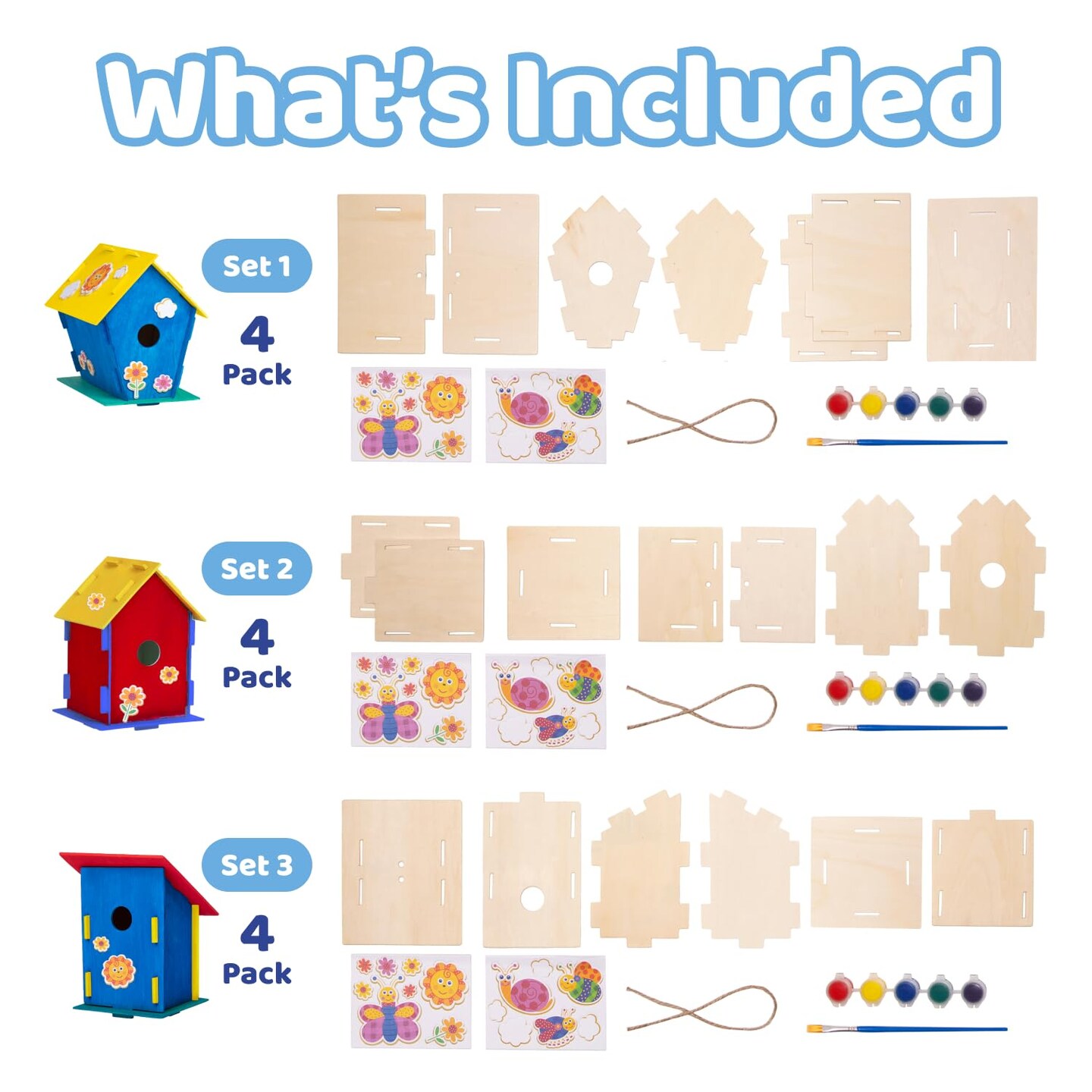 DIY 12 Wooden Bird House Kits - Creative Arts and Crafts Set for Kids and Adults - Unfinished Wood Birdhouses with Paint Strips, Brushes, Stickers and Strings - 3 Unique Shapes, 2 Sizes