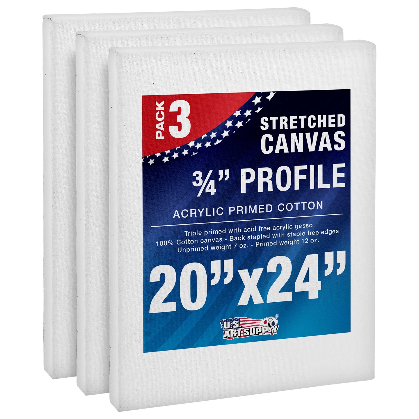 20 x 24 inch Stretched Canvas 12-Ounce Triple Primed, 3-Pack - Professional Artist Quality White Blank 3/4" Profile, 100% Cotton, Heavy-Weight Gesso