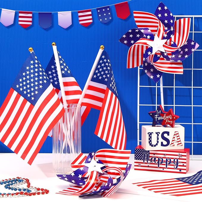 4th of July Decorations, 10 Pcs American Flag and 10 Pcs Patriotic Pinwheels Red White and Blue Independence Day Decoration for Parade Garden Lawn Party Supplies