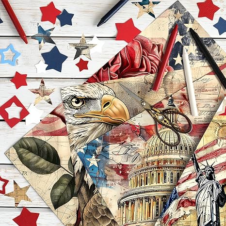 24 Sheets Retro Patriotic Scrapbook Paper, 11.8x11.8'' Red Blue Stars Stripes Patterns Decorative Craft Paper Folded Flat for 4th of July Card Making Veteran's Day Photo Album Decor (D)